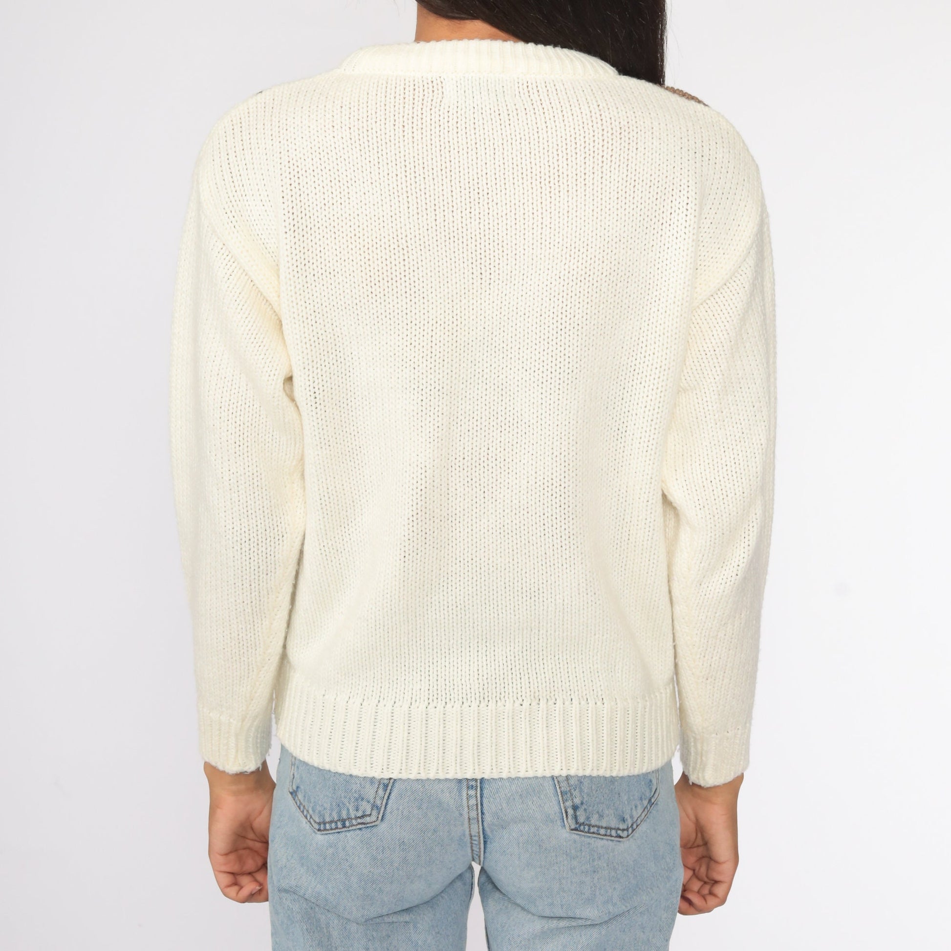 80s Geometric Knit Sweater Cream Pullover Slouchy Medium