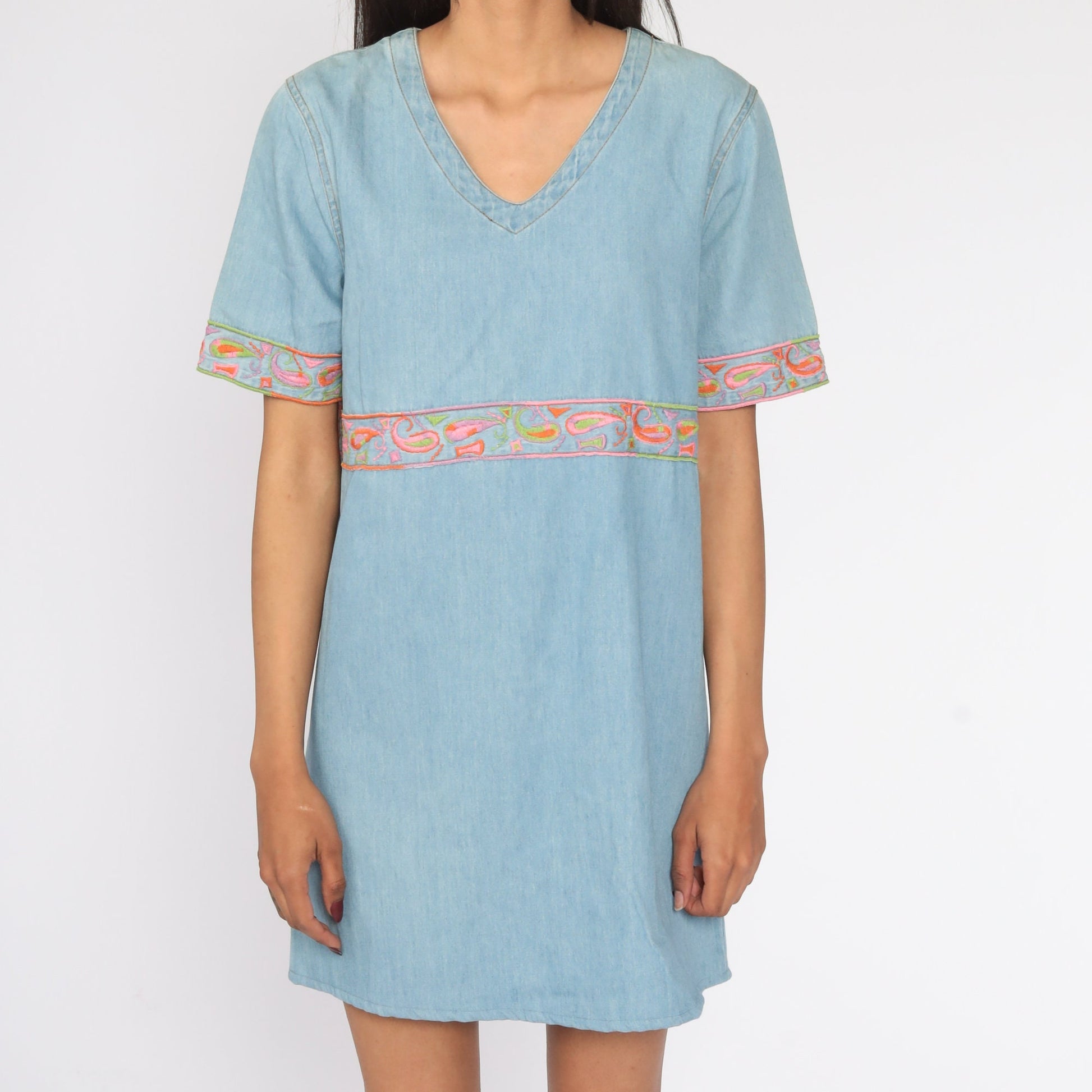 90s Embroidered Paisley Denim Mini Dress Blue Cotton Shift Medium