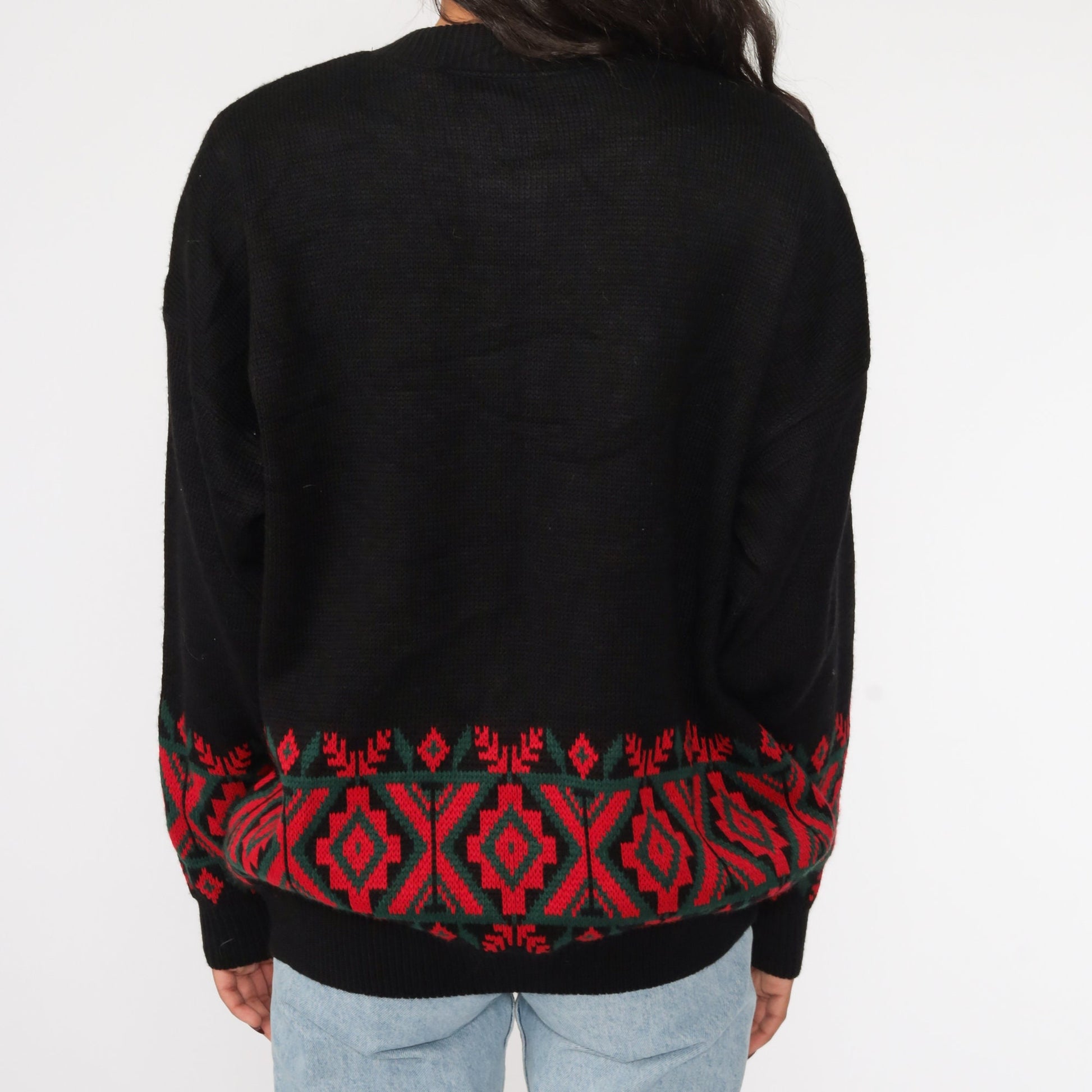 80s Southwestern Tribal Cardigan Black Red Knit Sweater Large