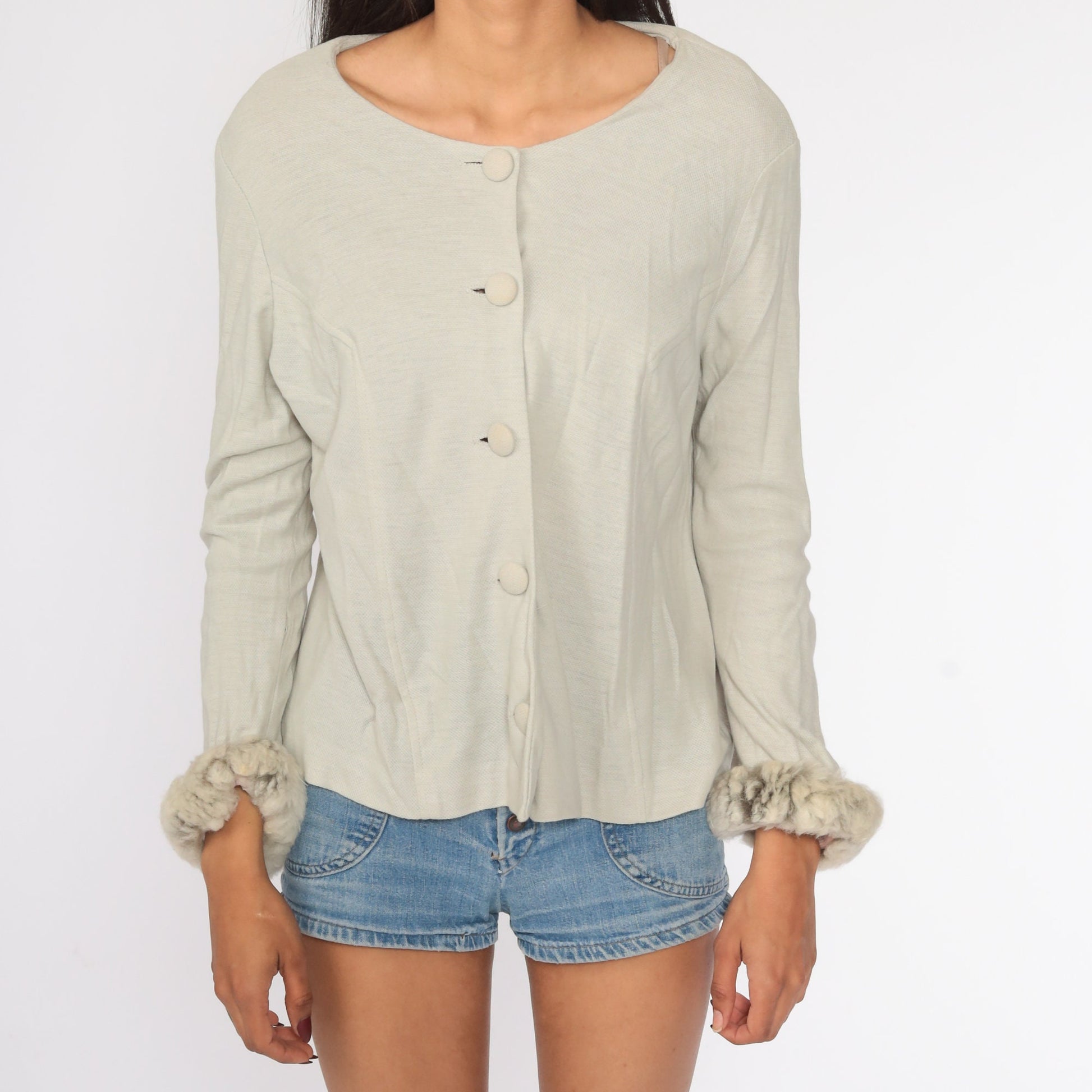 80s Grey Button-Up Blouse with Faux Fur Trim Long Sleeve Large L