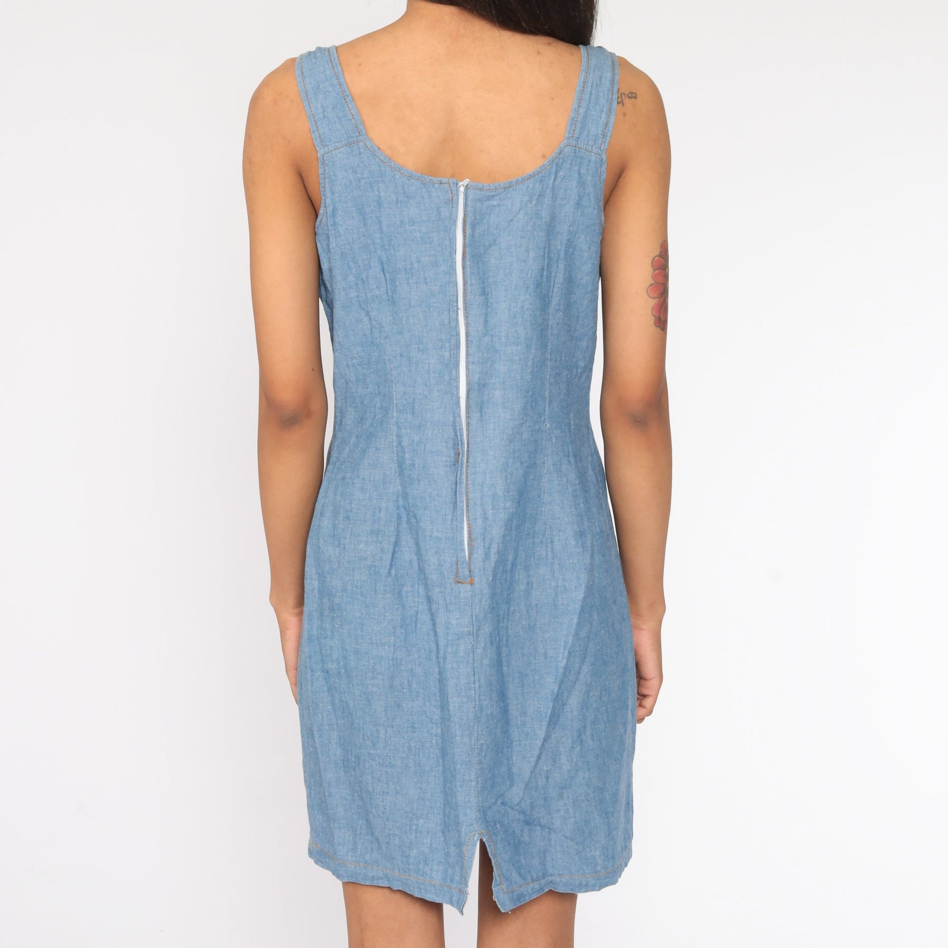 90s Blue Denim Mini Dress Sheath Cut Sleeveless Jumper Medium 8