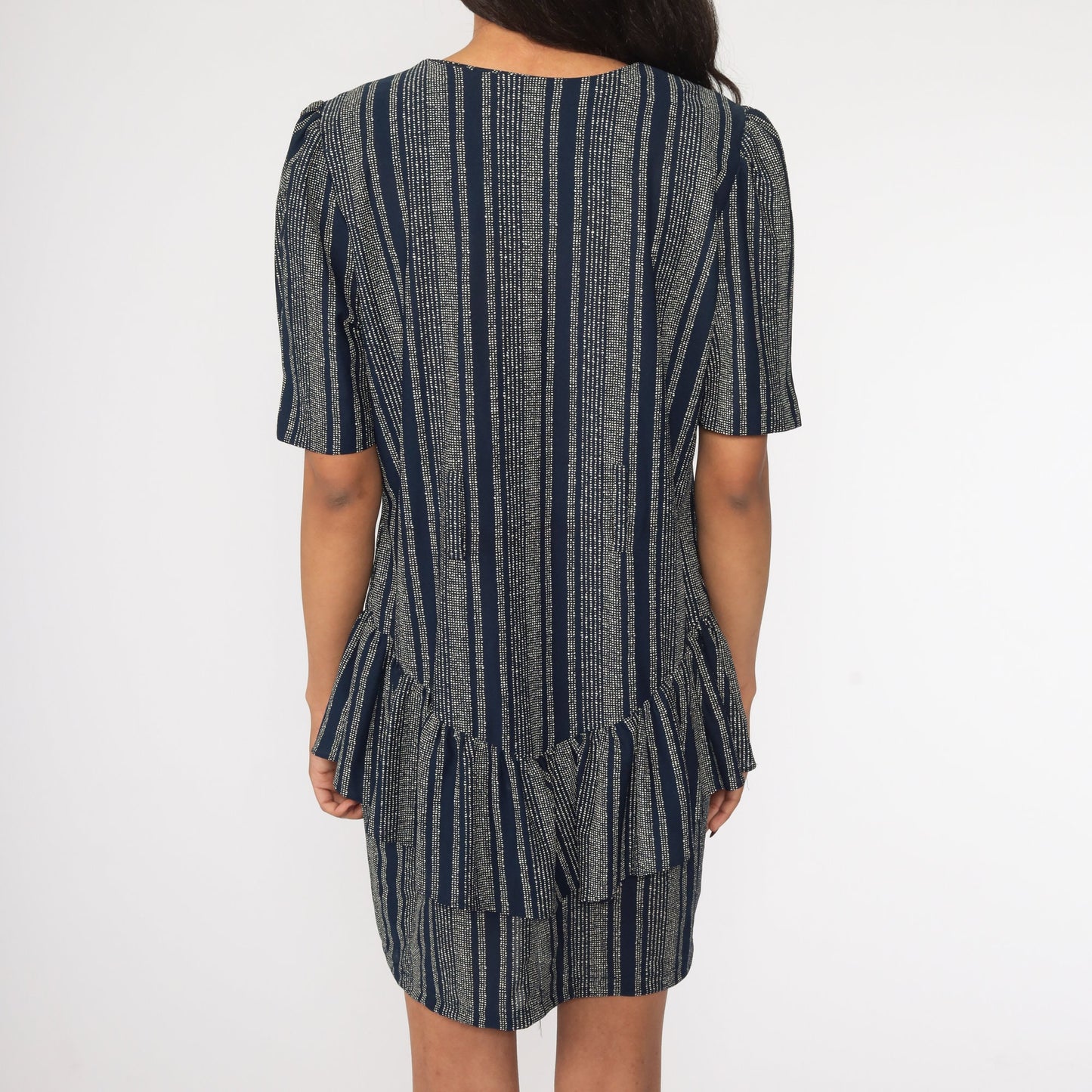 80s Navy Blue Mini Dress Puff Sleeve Drop Waist Button Front Medium