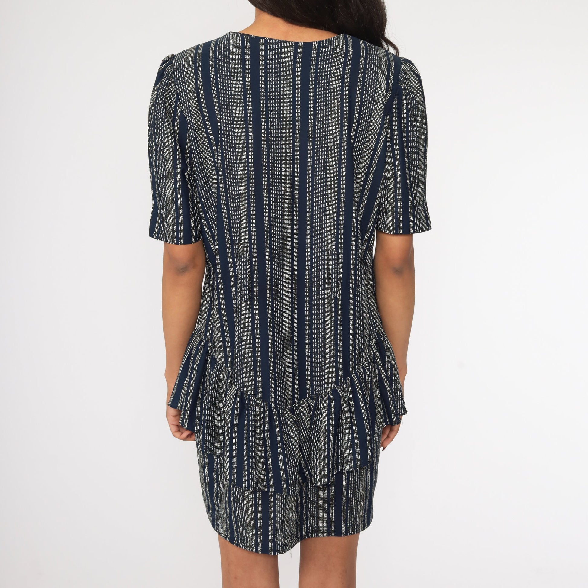 80s Navy Blue Mini Dress Puff Sleeve Drop Waist Button Front Medium