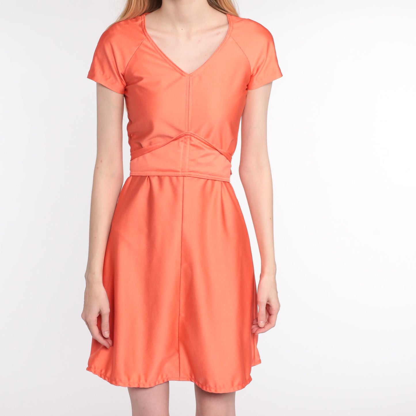 70s Orange Babydoll Mini Dress Empire Waist Deep V Neck Extra Small