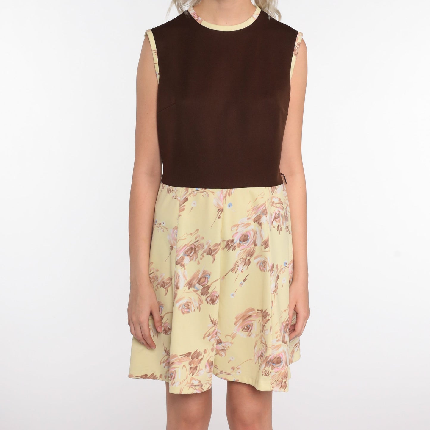 70s Floral Mini Dress High Waisted Sleeveless Brown Yellow Medium