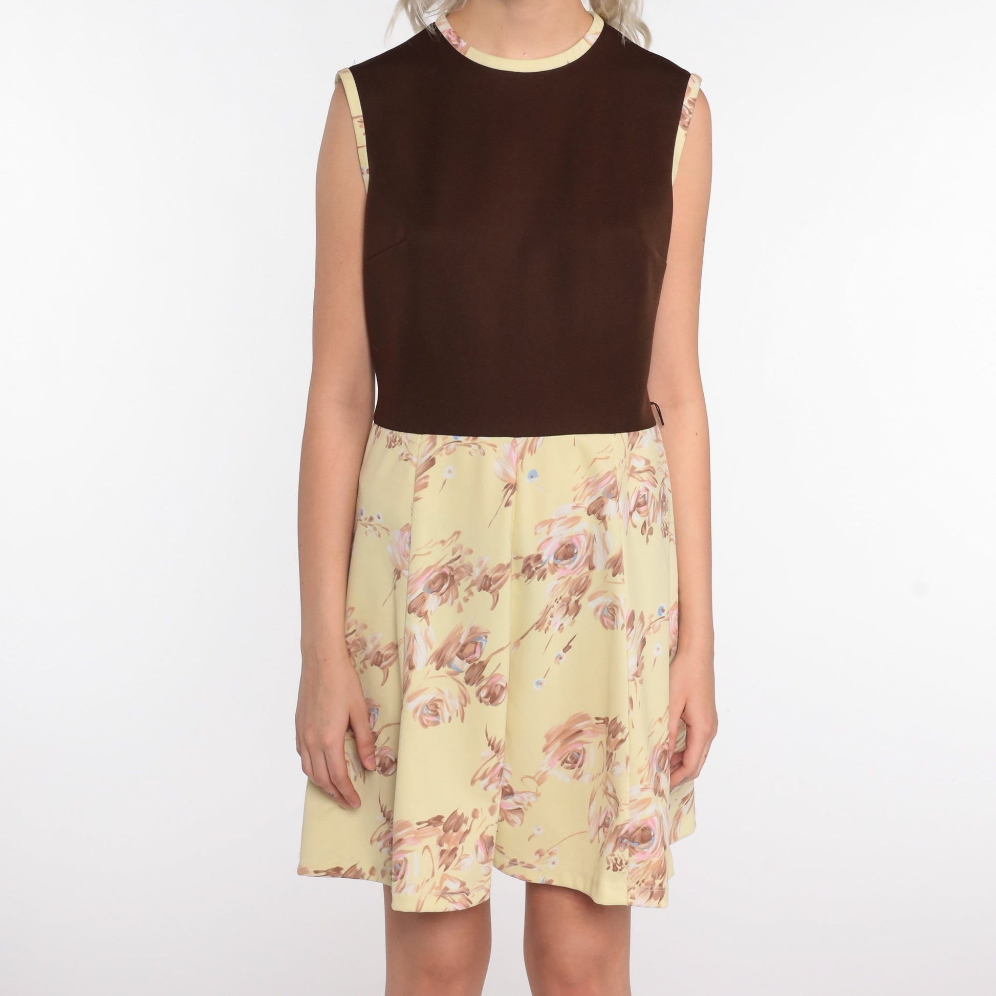 70s Floral Mini Dress High Waisted Sleeveless Brown Yellow Medium