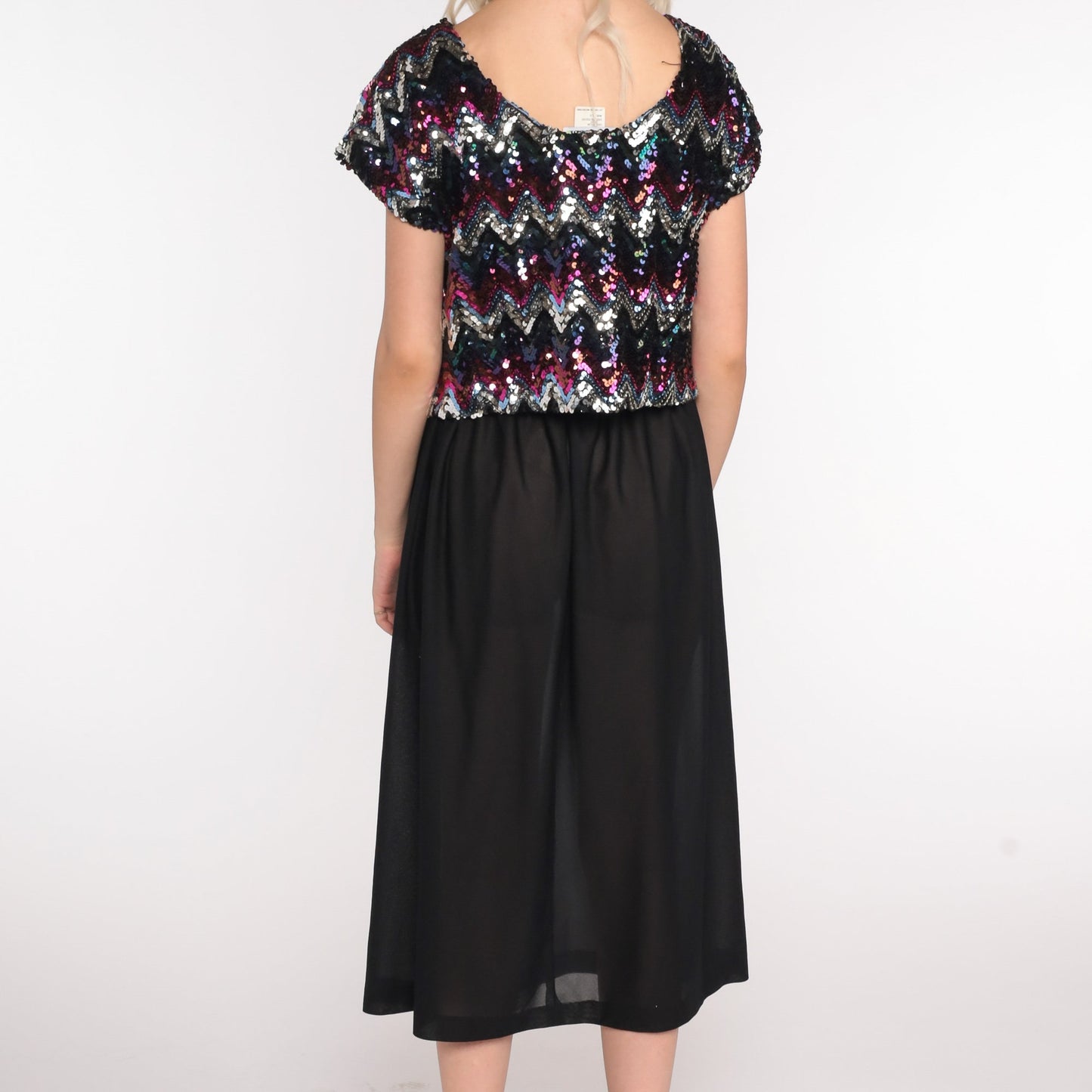 80s Black Sequin Midi Dress Short Sleeve High Waist Party Disco Small Medium