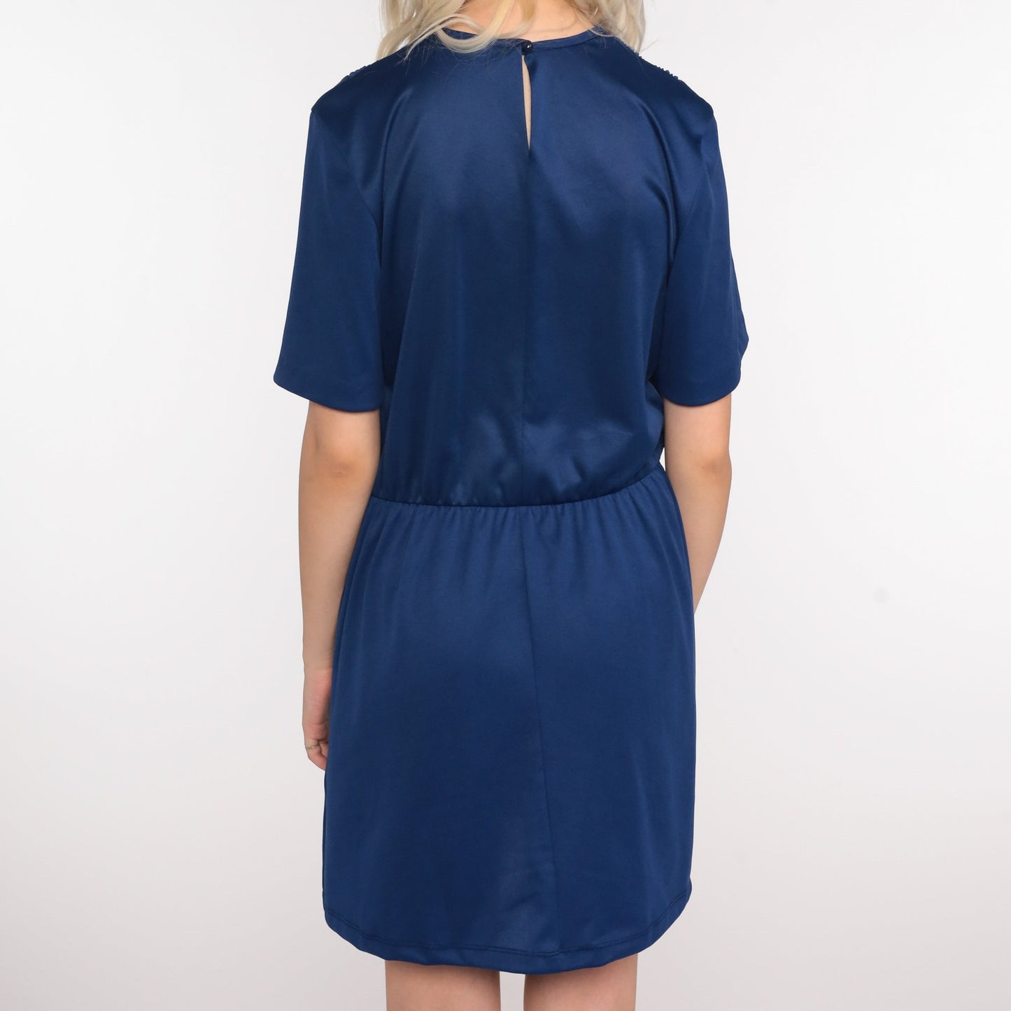 70s Dark Blue Mini Dress High Waist Pleated Chest Short Sleeve Medium