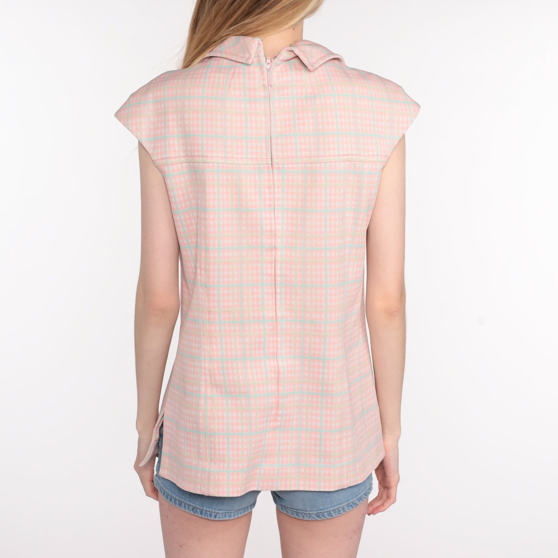 70s Pink Plaid Cap Sleeve Blouse Checkered Vintage Small Medium