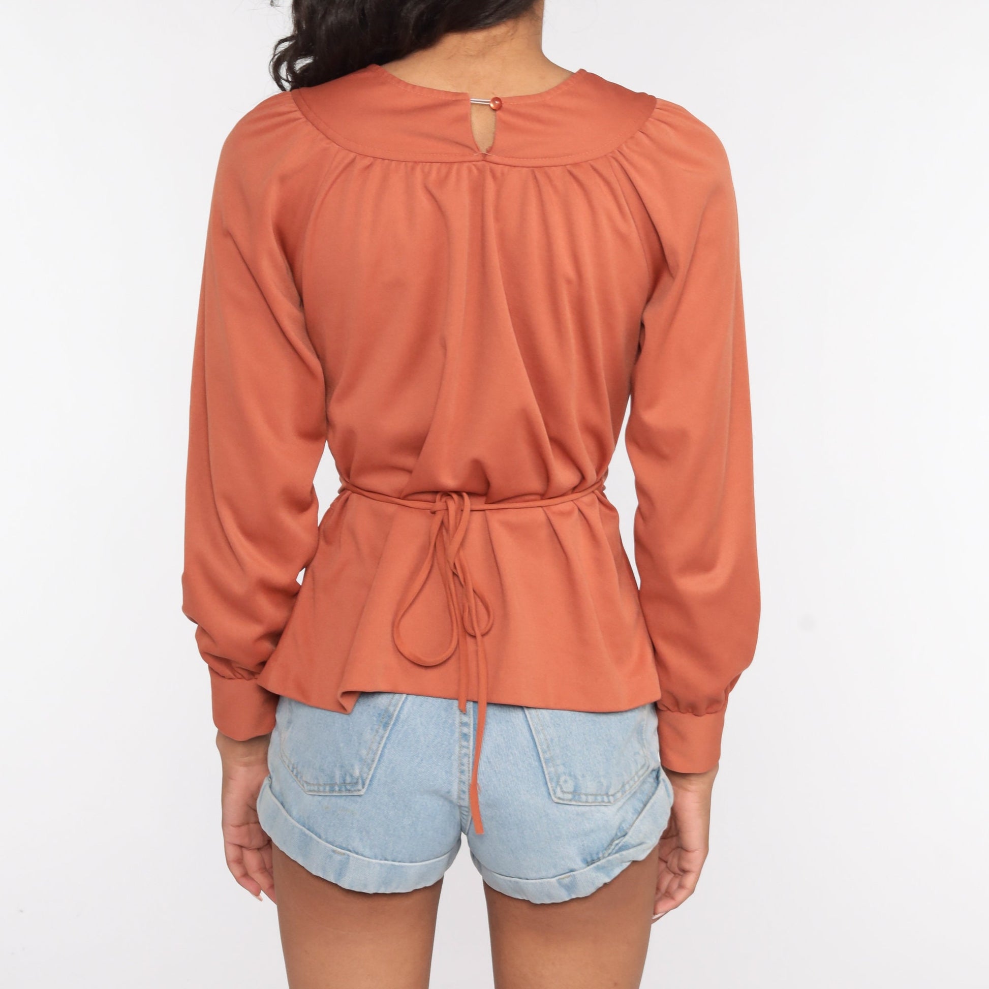 70s Peasant Blouse Terracotta Empire Waist Long Sleeve Shirt Small Medium