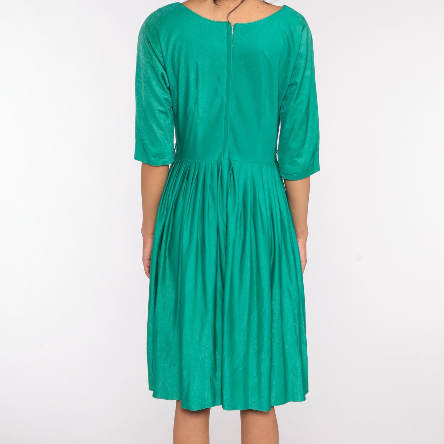 1960s Green Pleated High-Waist Dress 3/4 Sleeve Fit and Flare Small S