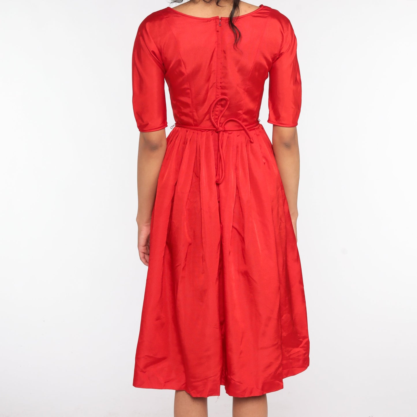 60s Teena Paige Red Bow Party Dress Tea Length Extra Small