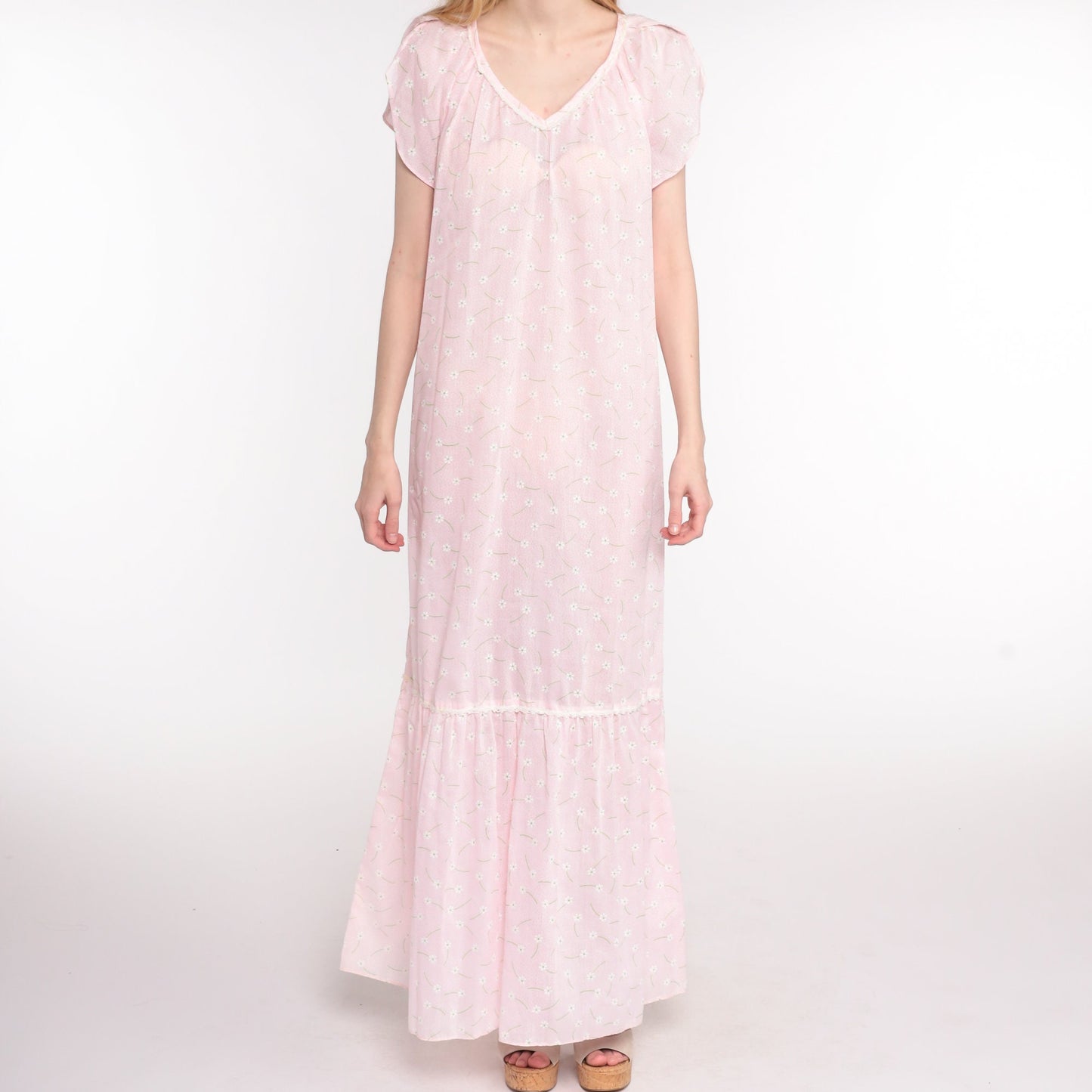 70s Pink Floral Maxi Dress Ditsy Print Semi-Sheer Cotton V-Neck Medium