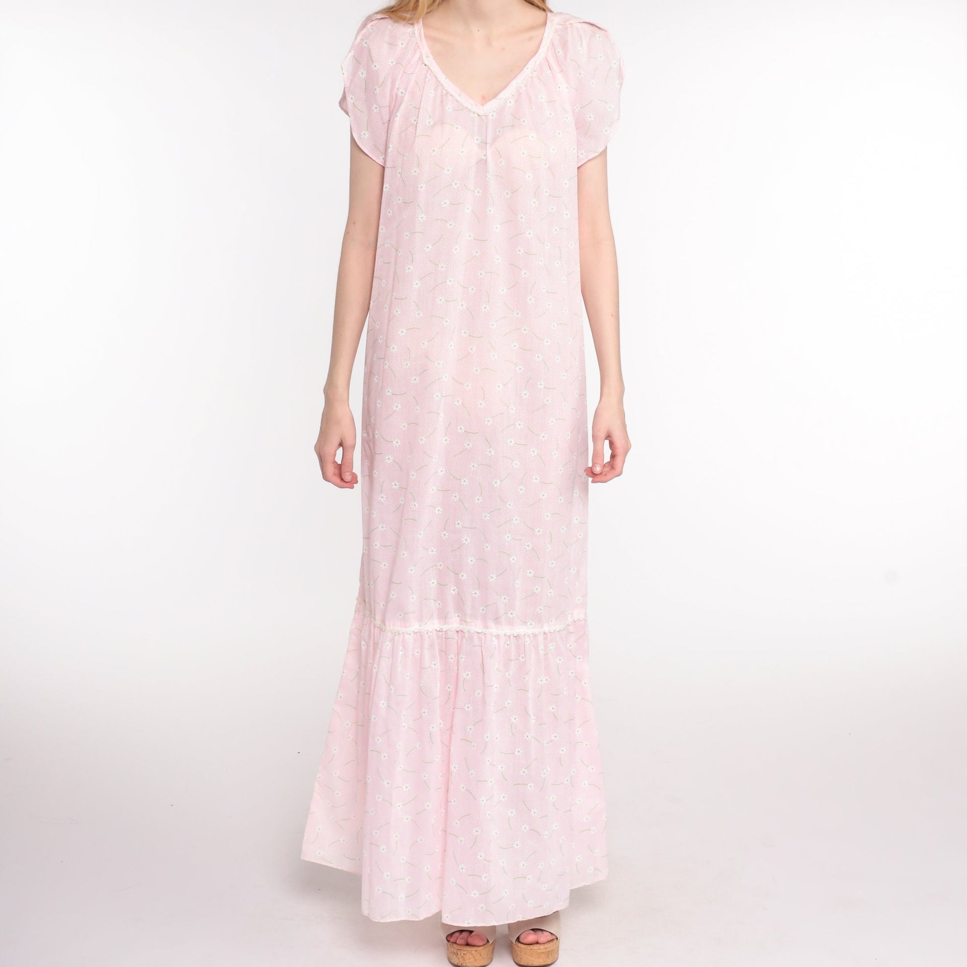 70s Pink Floral Maxi Dress Ditsy Print Semi-Sheer Cotton V-Neck Medium