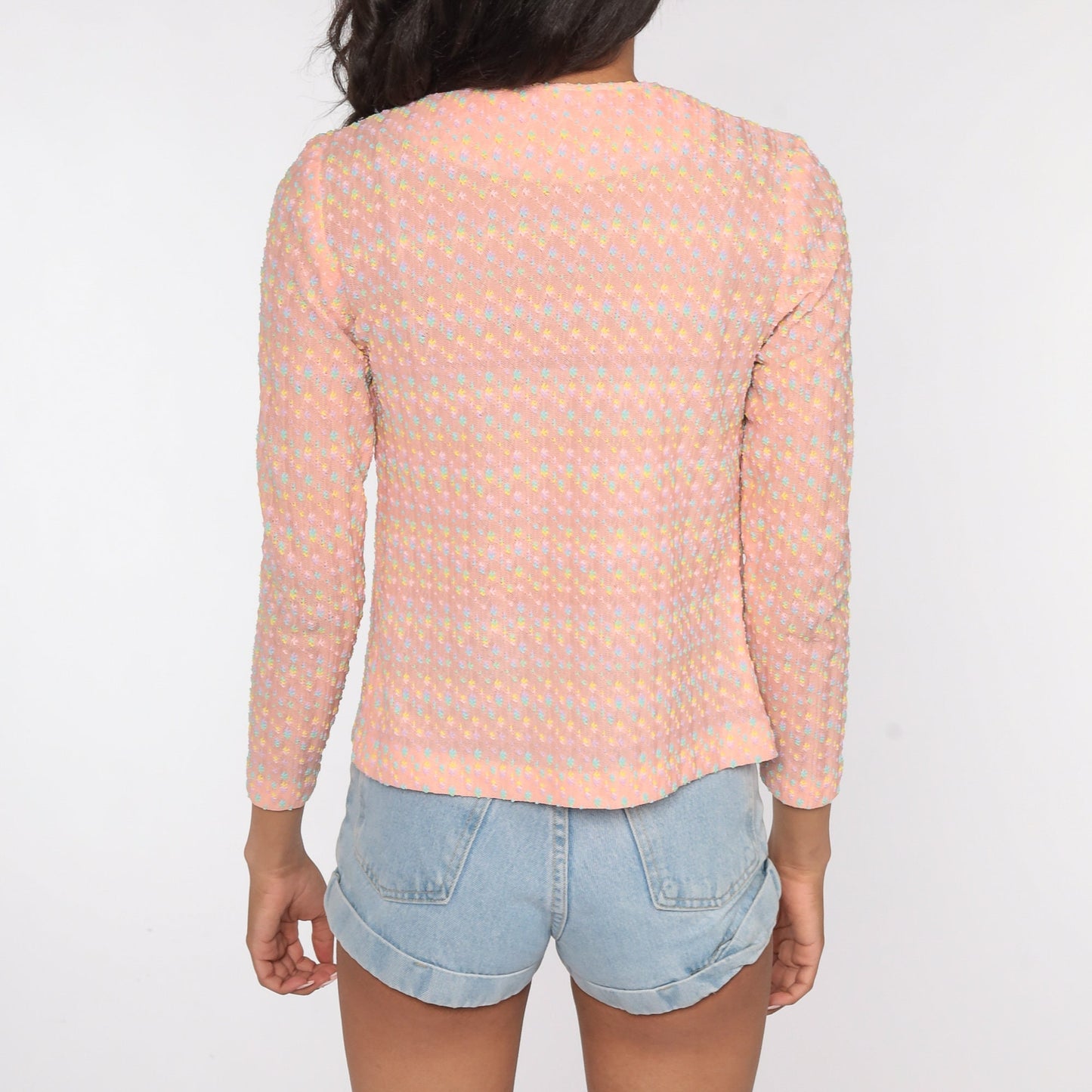 70s Baby Pink Flecked Open Front Blouse Long Sleeve Small