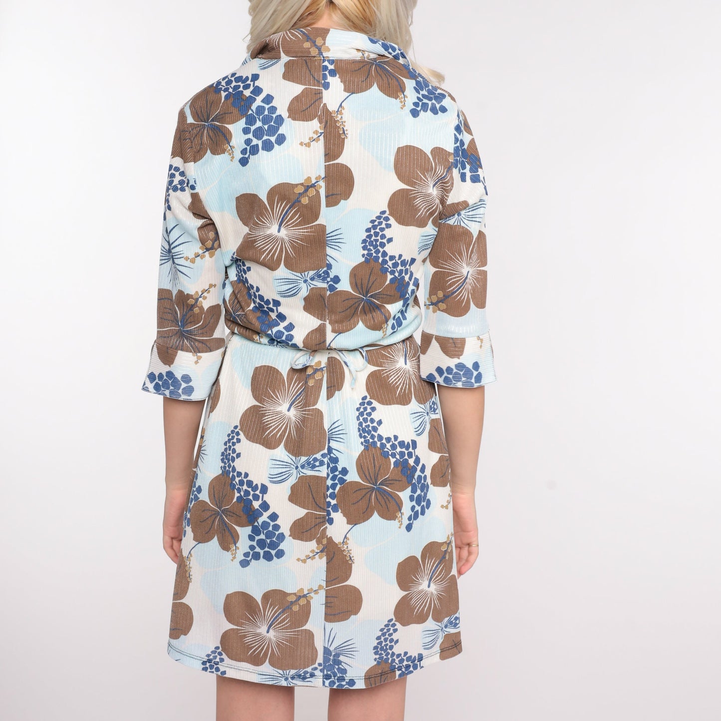 90s Rusty Floral Mini Shirtdress Blue Brown Button-Up Collar 3/4 Sleeve Medium