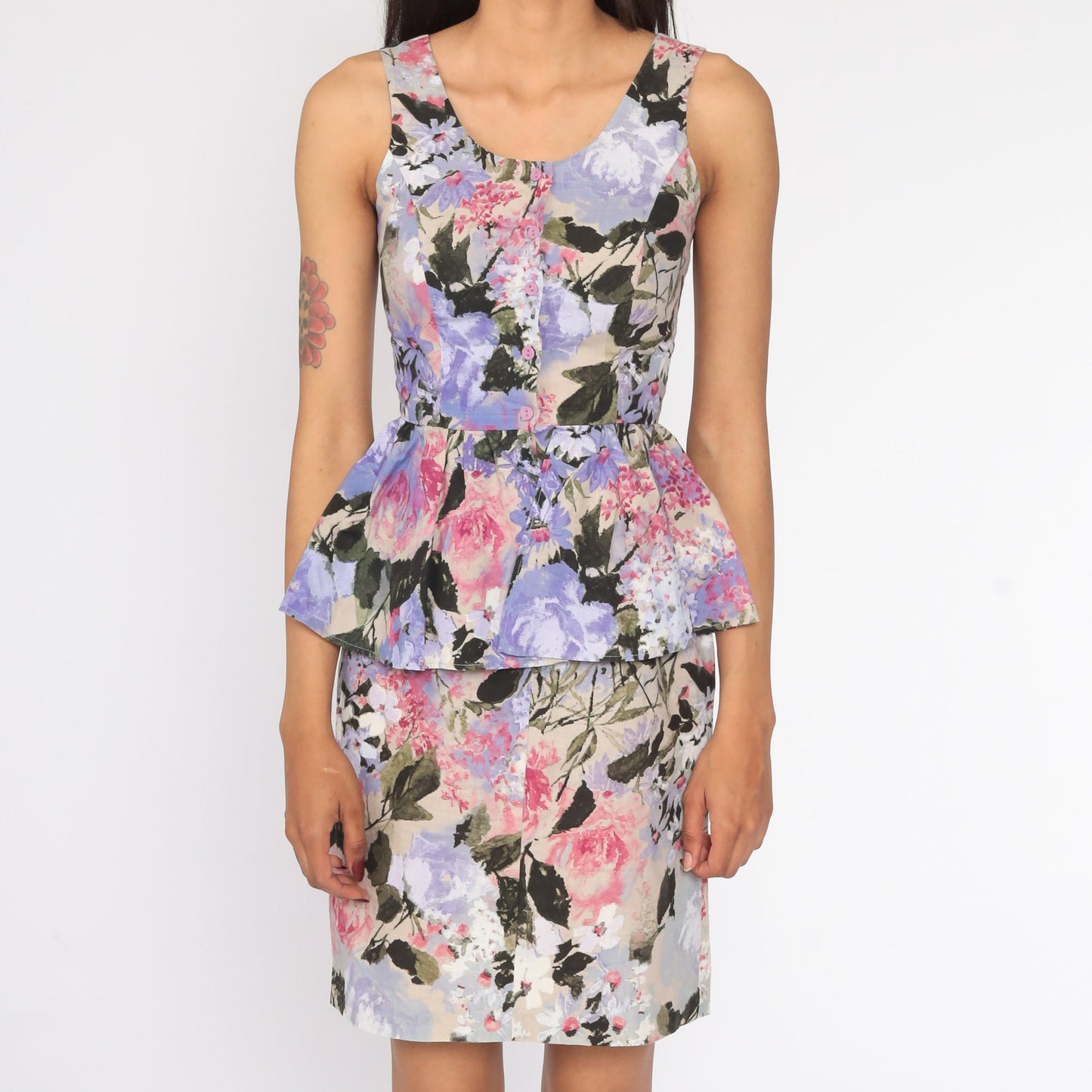 80s Floral Peplum Mini Dress Button-Up Lavender Cotton Sleeveless Extra Small