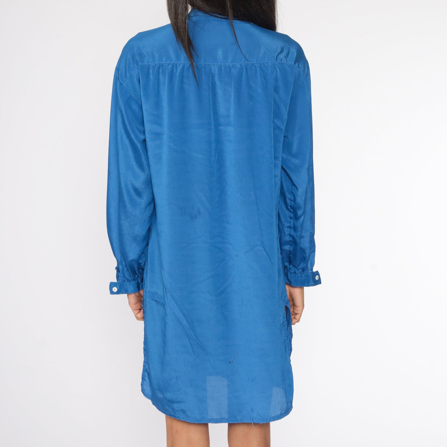 80s Blue Button-Up Shift Dress Long Sleeve Mini Shirtdress Medium Large
