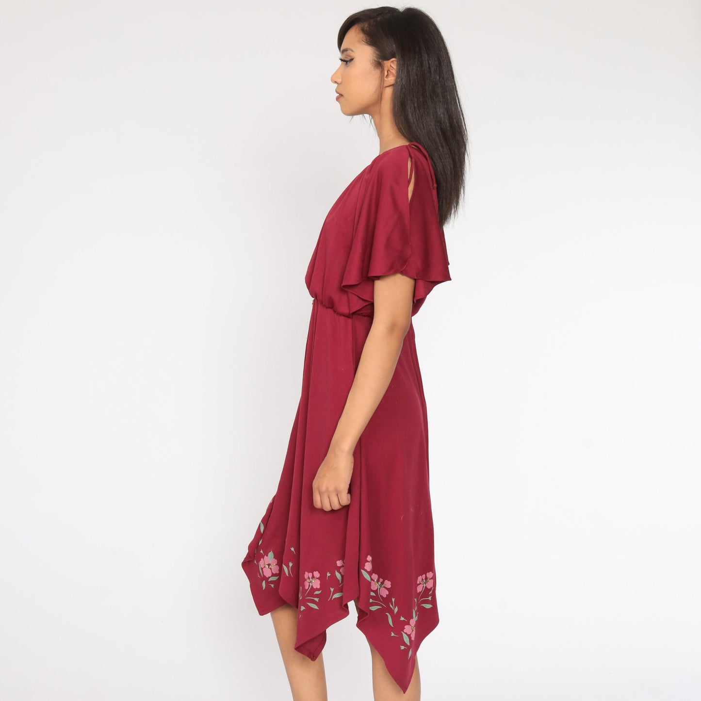 70s Grecian Midi Dress Burgundy Floral High-Low Scarf Hem Small Medium