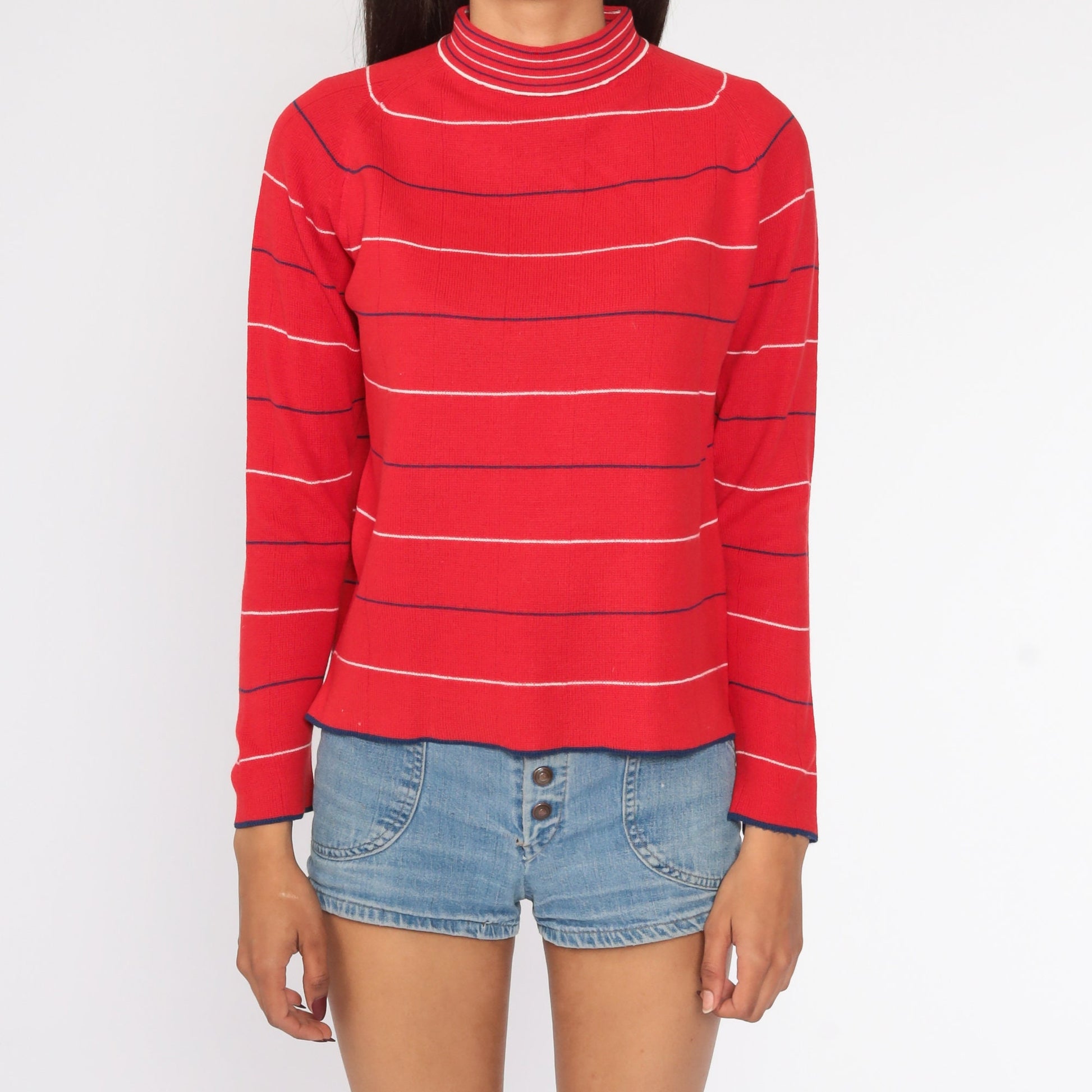 70s Red & White Striped Mock Neck Knit Pullover Small Medium