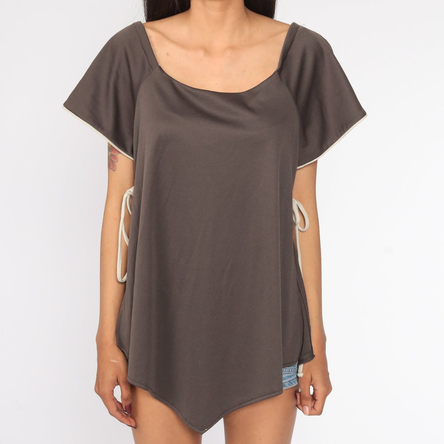 70s Brown Polyester Tunic Top Side Slit Short Sleeve Blouse Medium Large