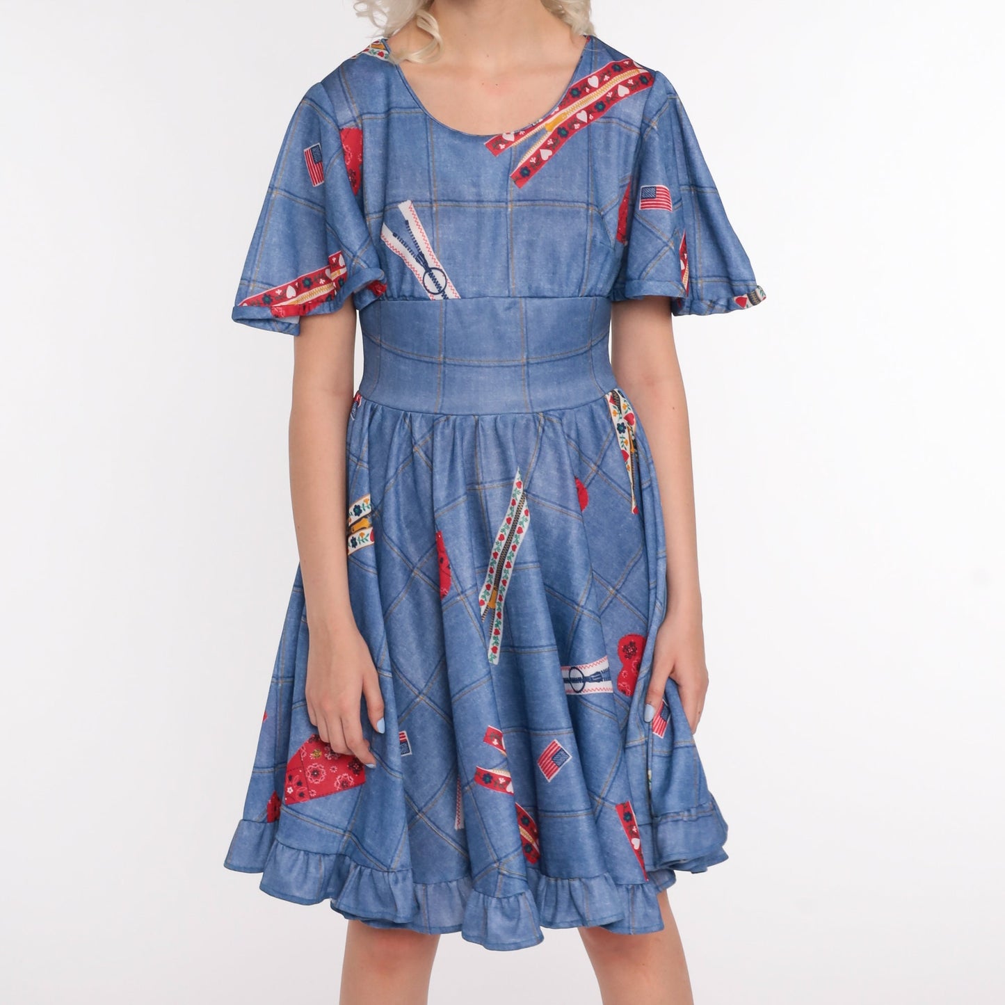 70s Babydoll Mini Dress Heart Zipper Flag Novelty Print Blue Small