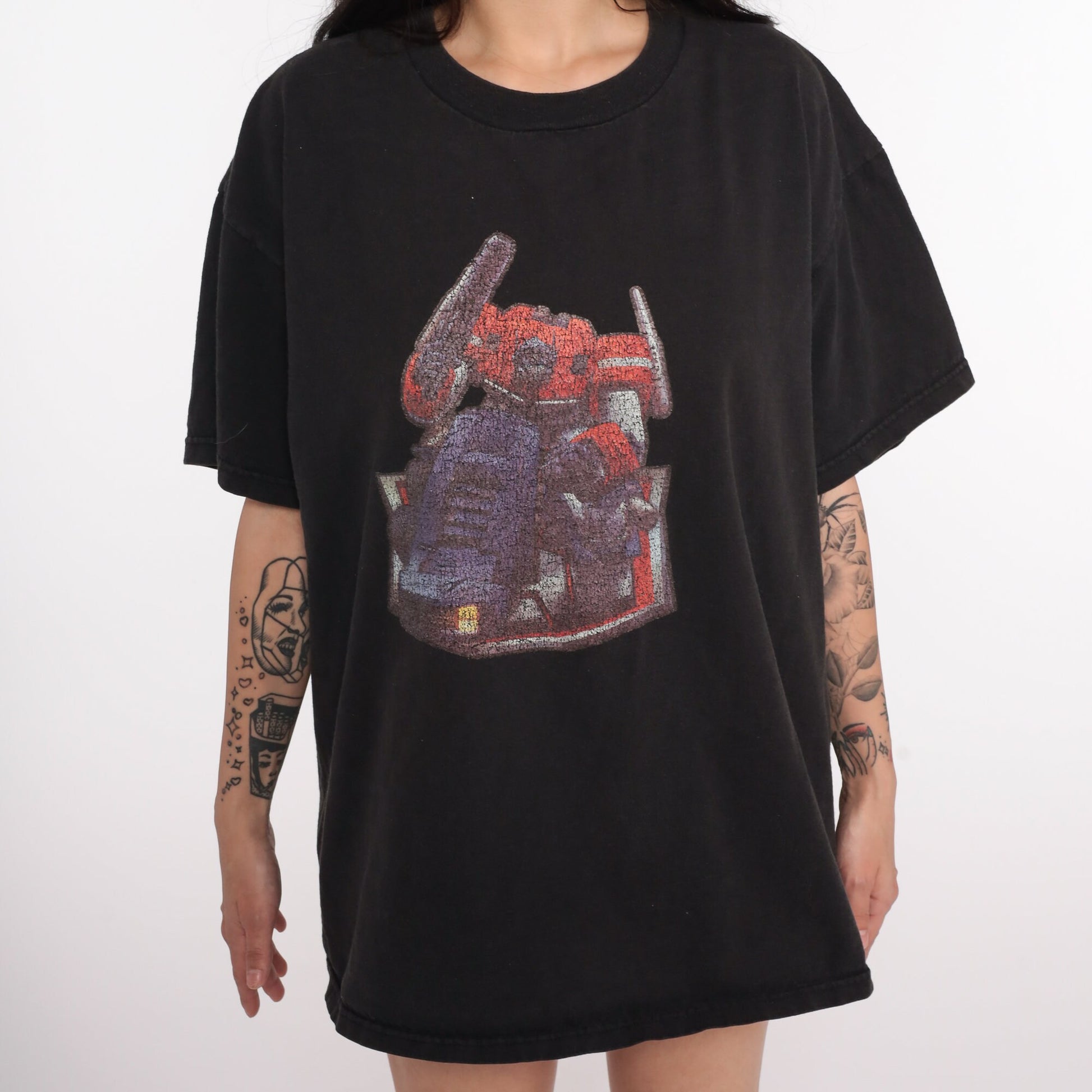 90s Transformers Graphic T-Shirt Black Robot Cartoon Large