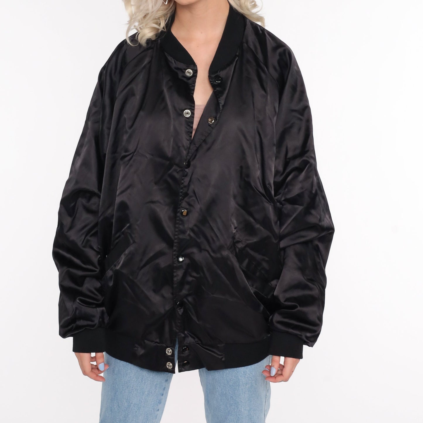 80s DKN Dance Black Bomber Jacket Satin Windbreaker Extra Large XL