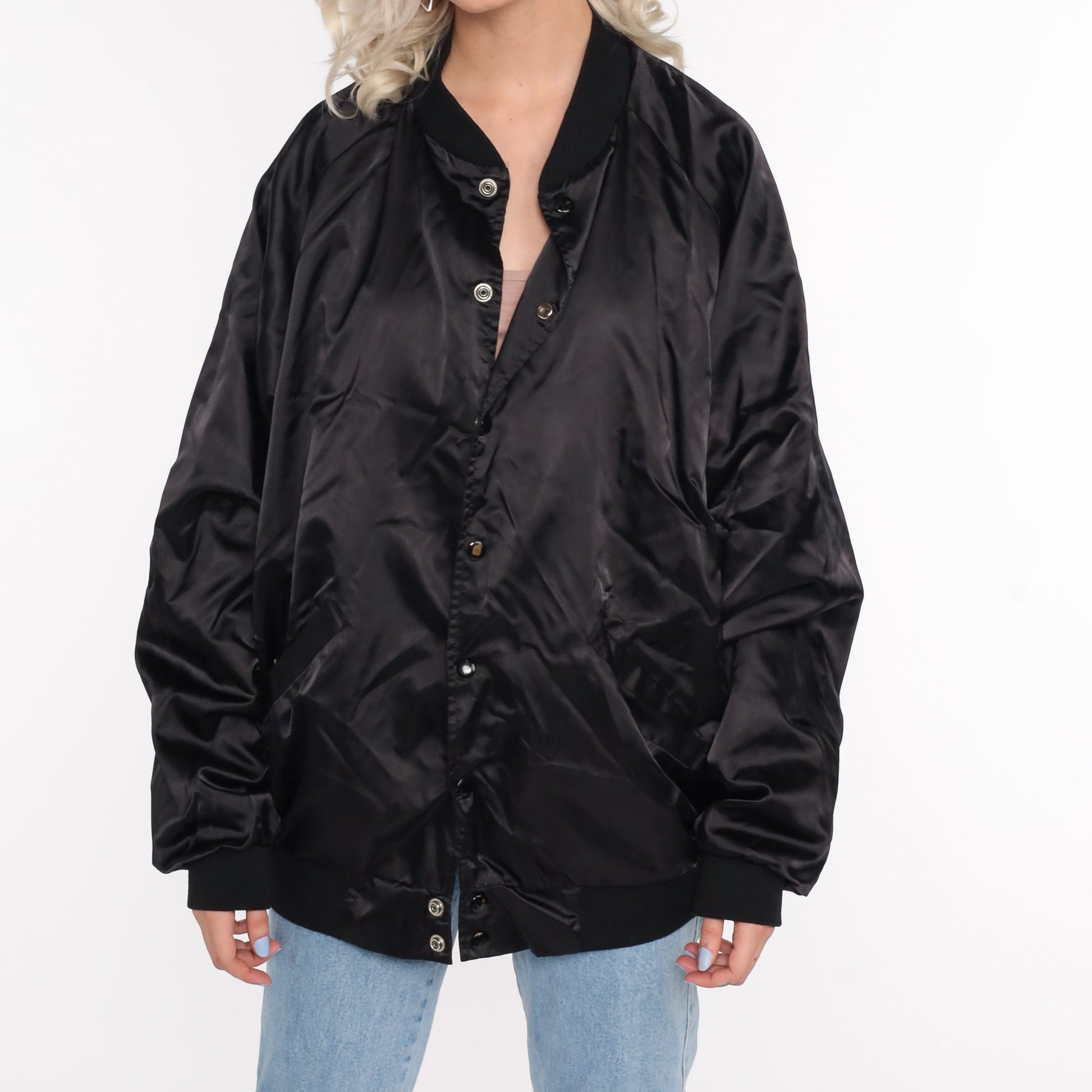 80s DKN Dance Black Bomber Jacket Satin Windbreaker Extra Large XL