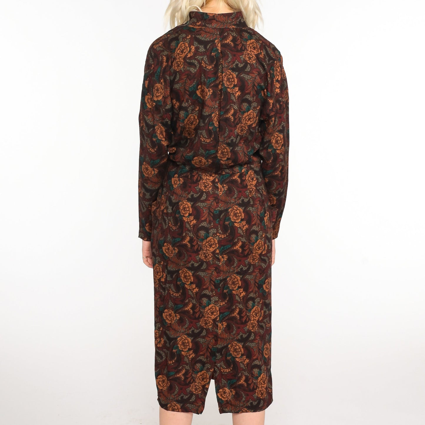 80s Floral Midi Dress Brown High-Waisted Keyhole Long Sleeve Medium