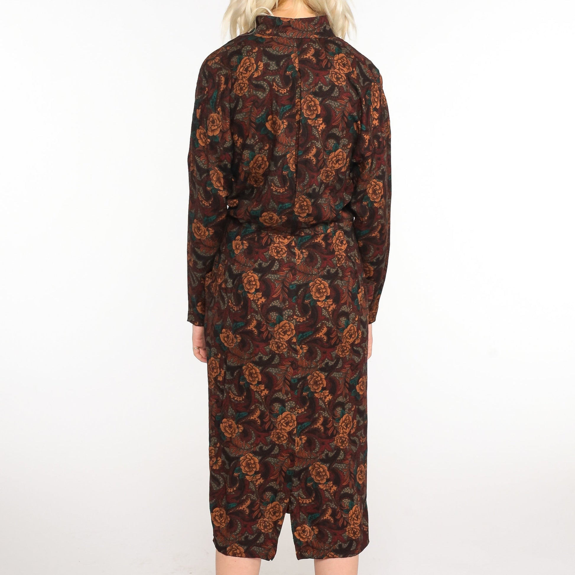 80s Floral Midi Dress Brown High-Waisted Keyhole Long Sleeve Medium