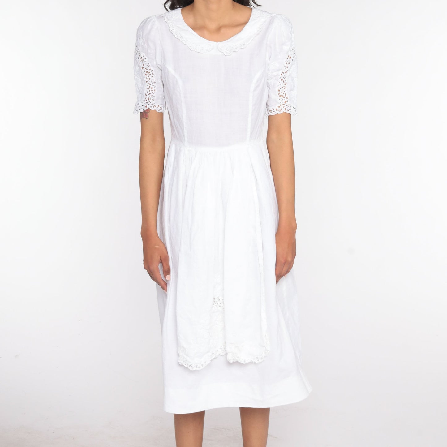 1970s White Linen Cotton Midi Dress Peter Pan Collar Puff Sleeve Small