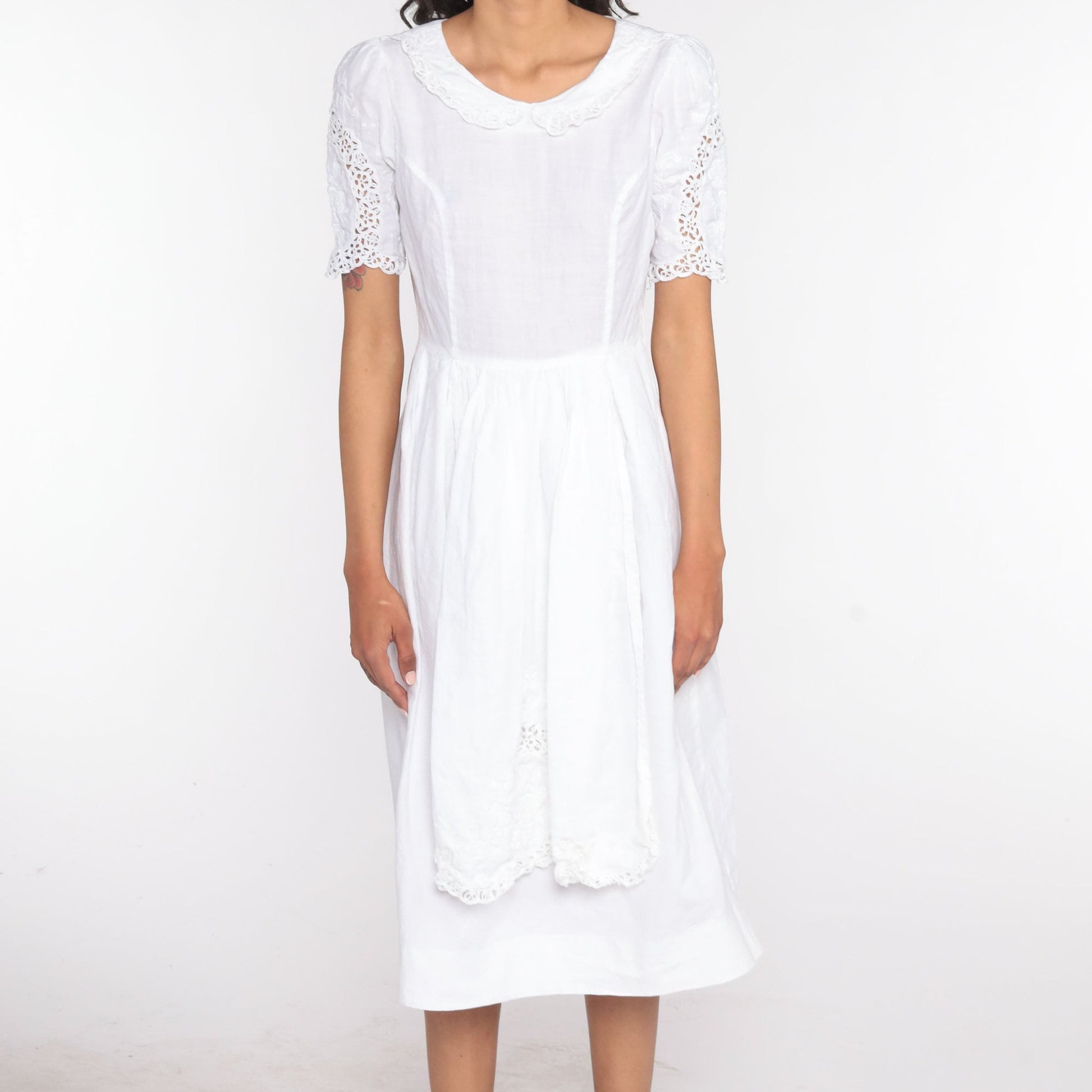 1970s White Linen Cotton Midi Dress Peter Pan Collar Puff Sleeve Small