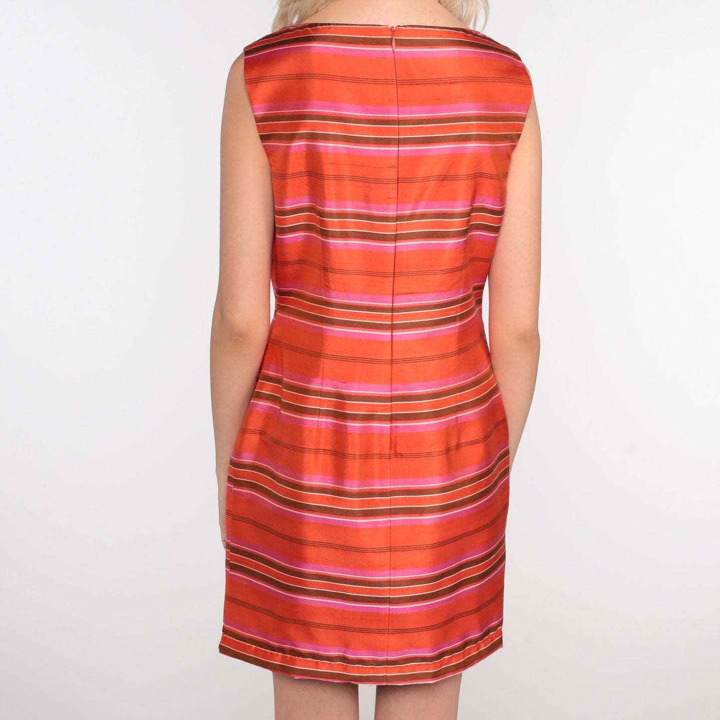 Y2K Orange Striped Silk Mini Sheath Dress Sleeveless 00s Small