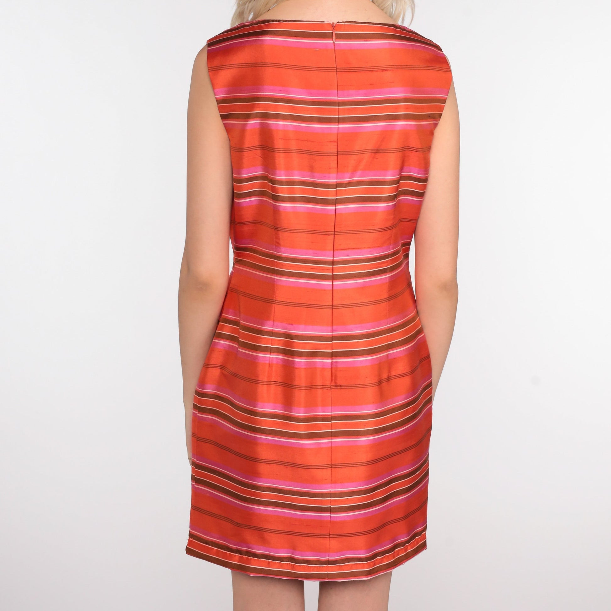 Y2K Orange Striped Silk Mini Sheath Dress Sleeveless 00s Small