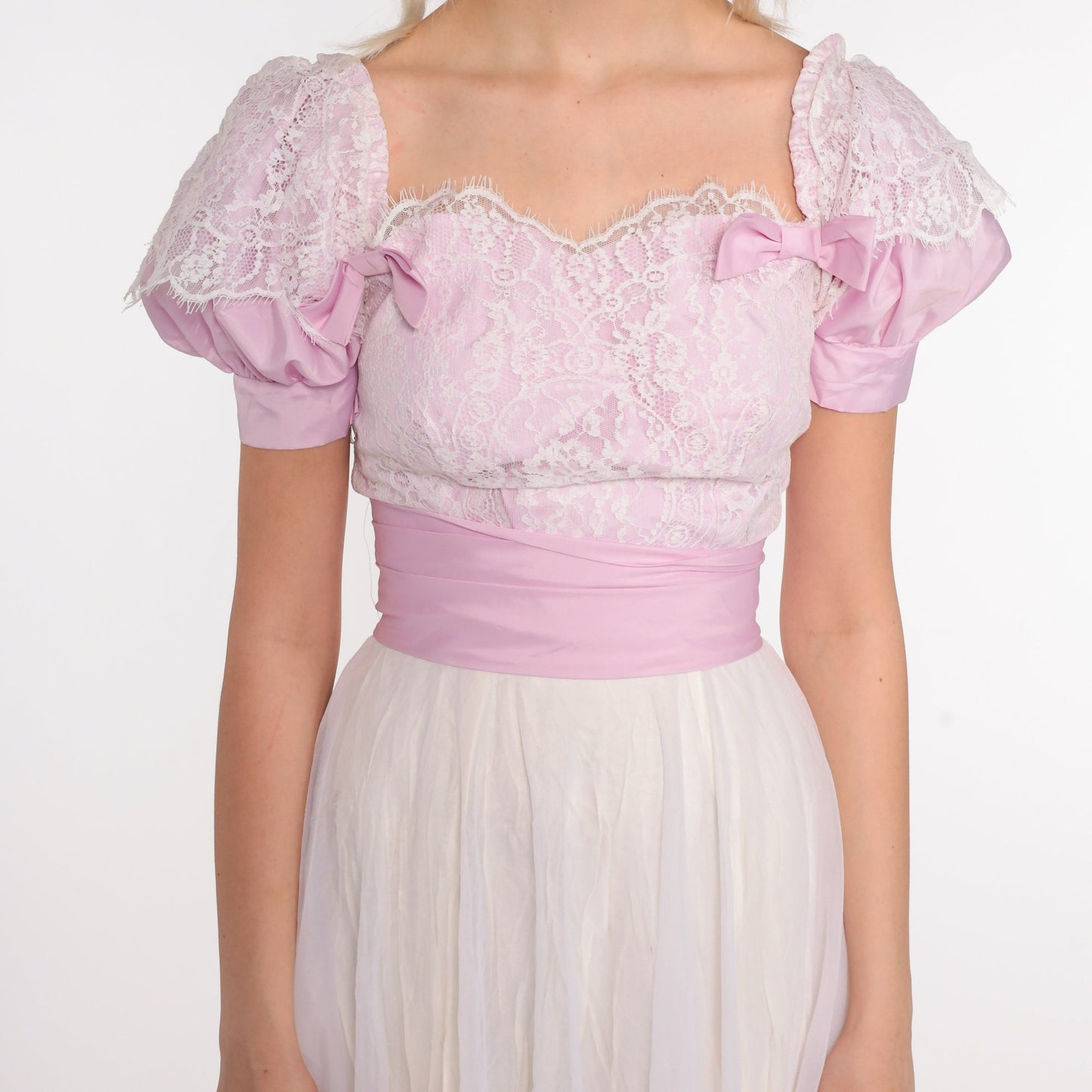 70s Puff Sleeve Maxi Dress Chiffon Lace White Lavender Off-Shoulder Extra Small