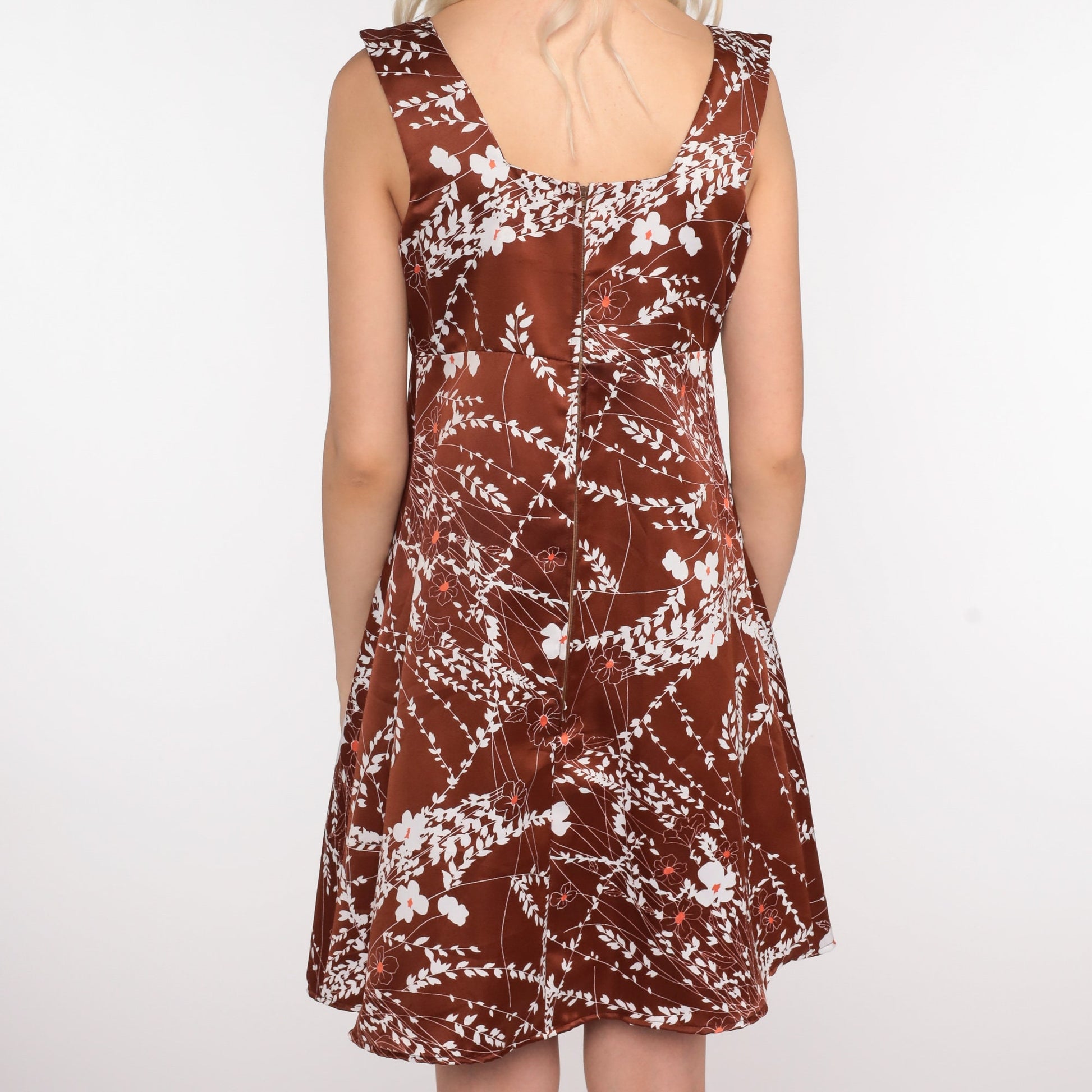 70s Brown Floral Mini Dress Empire Waist Sleeveless Bow Small Medium