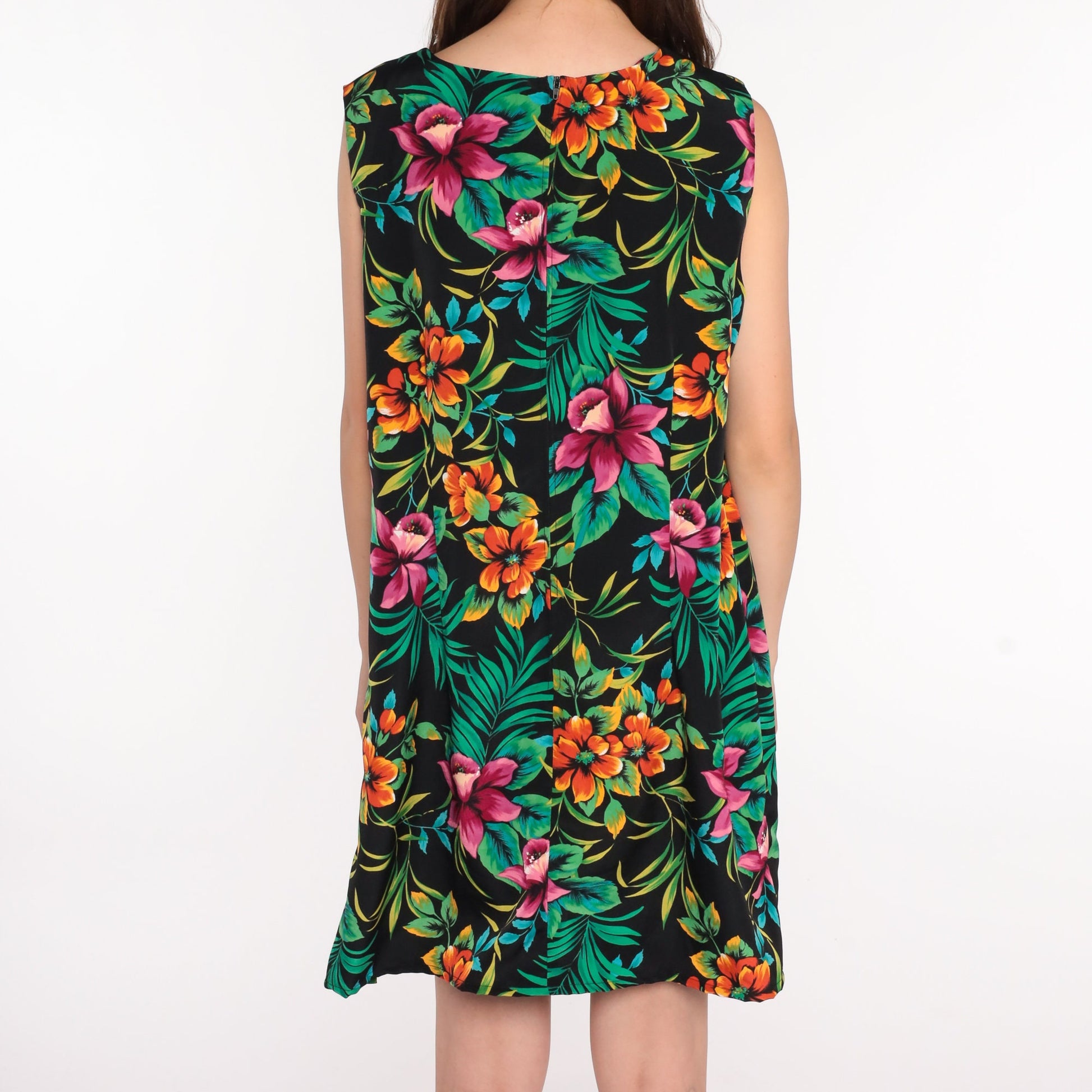 90s Floral Tropical Mini Dress Shift Sleeveless Hawaiian Print Plus Size XXL