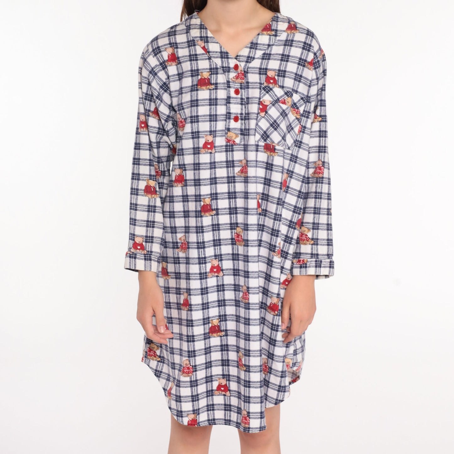80s Teddy Bear Flannel Nightgown Checkered Pajama Dress Cotton Medium