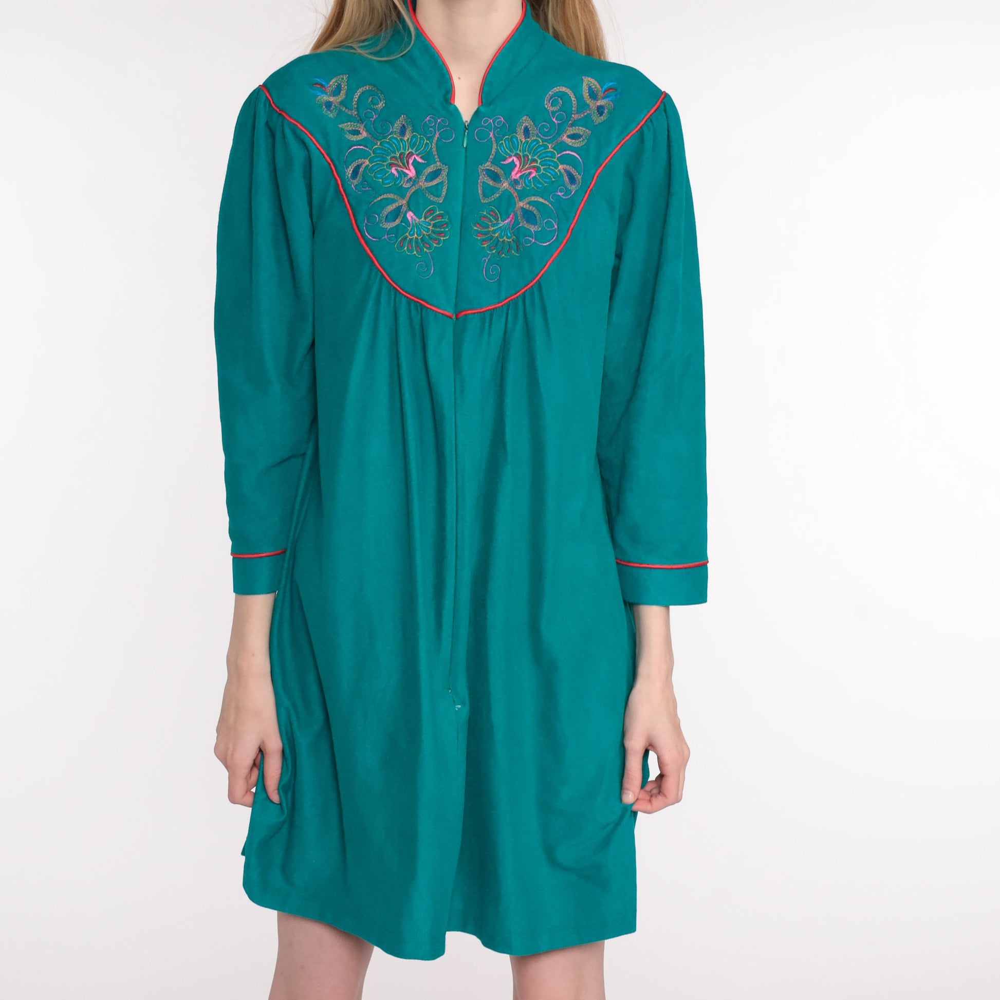 70s Velour Lounge Dress Teal Floral Embroidered Mini Front Zip Small Medium