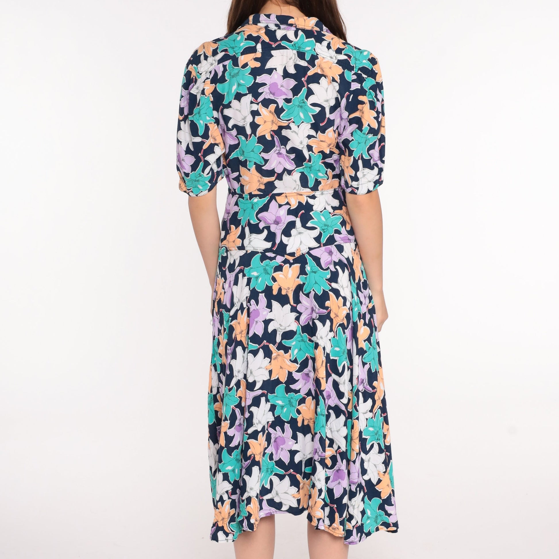 80s Floral Midi Dress Button-Up High Waist Short Sleeve Blue Small