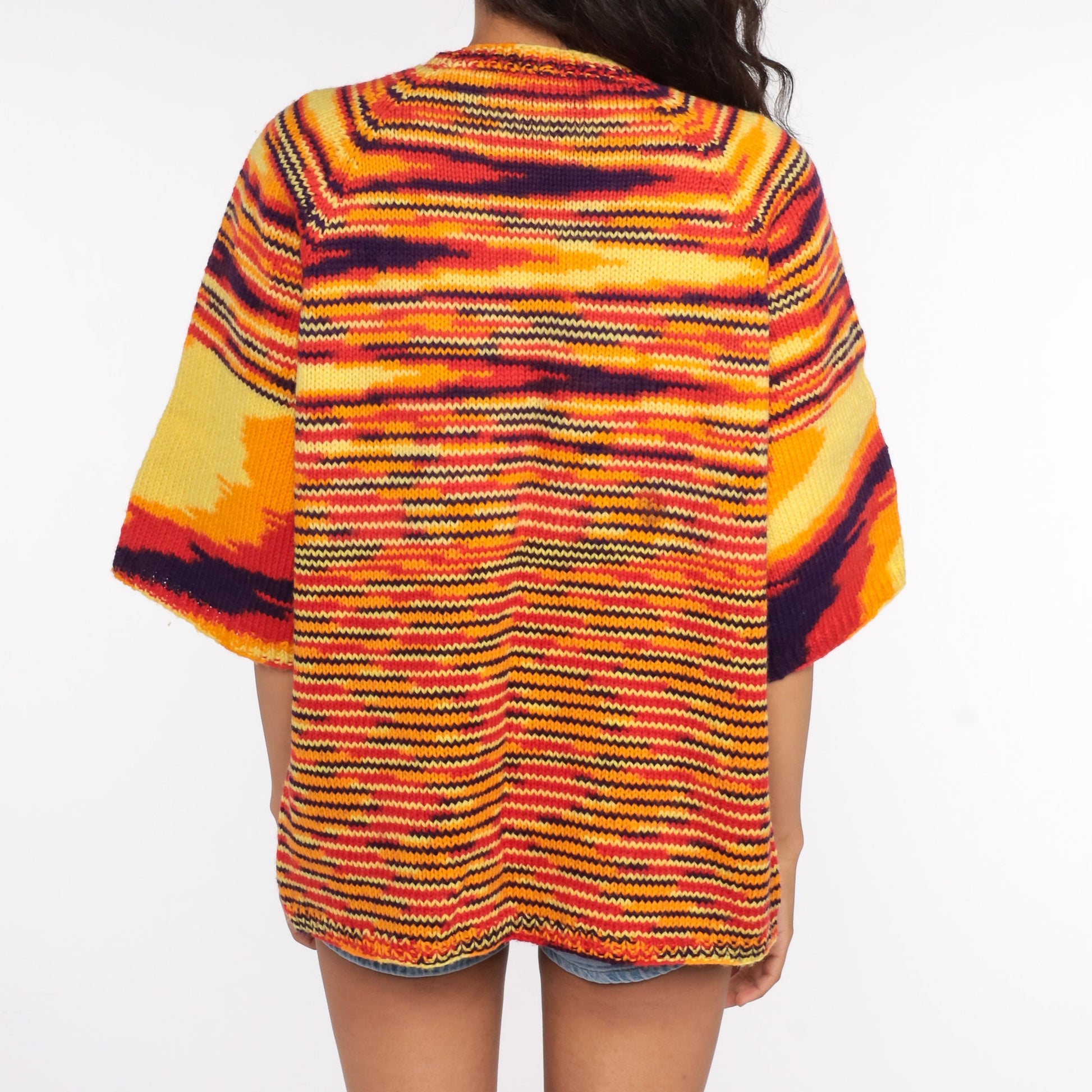 70s Space Dye Knit Sweater Wide Sleeve Pullover Orange Large L