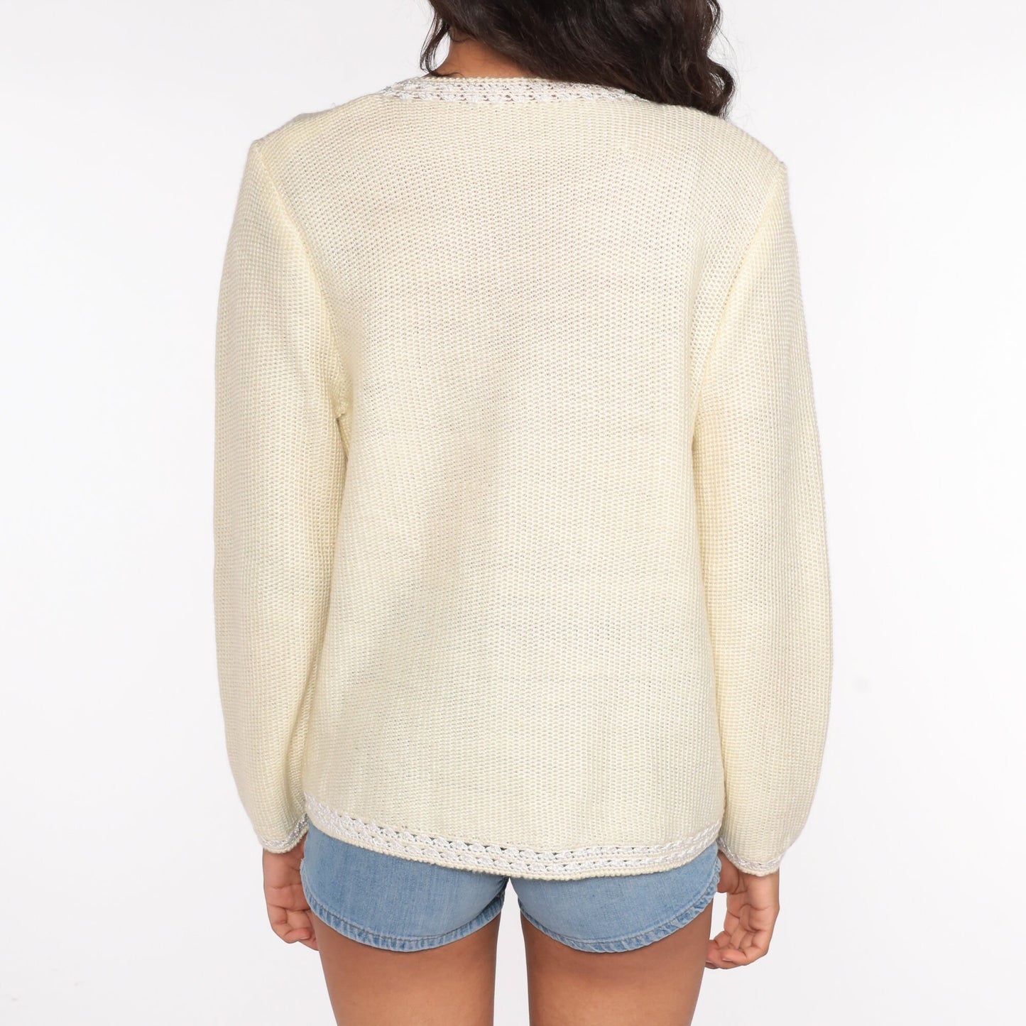 70s Floral Embroidered Cardigan Cream Knit Sweater Small Medium