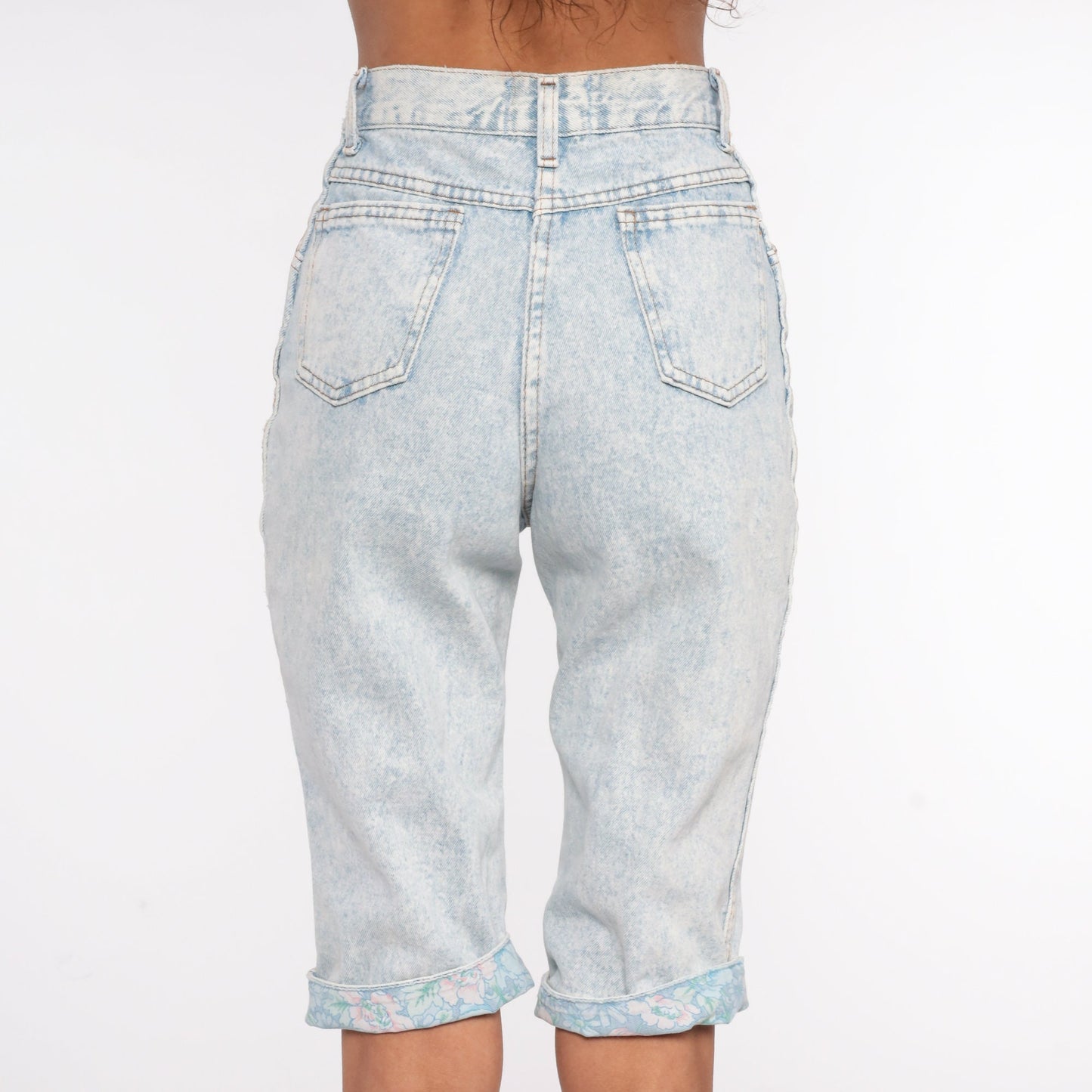 90s Acid Wash Denim Shorts Floral Cuff High Waist Bermuda Light Blue Extra Small