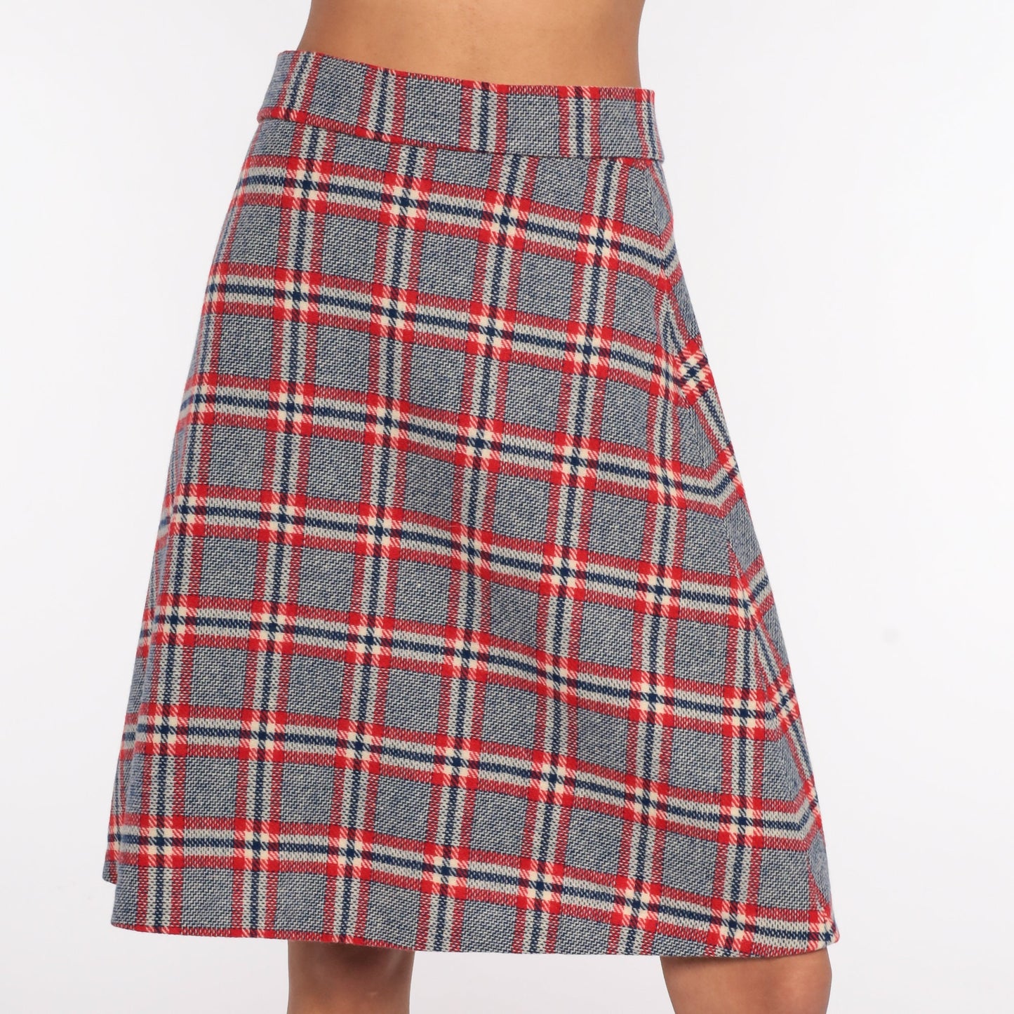 70s Grey Red Checkered Midi Skirt High Waisted Plaid Small