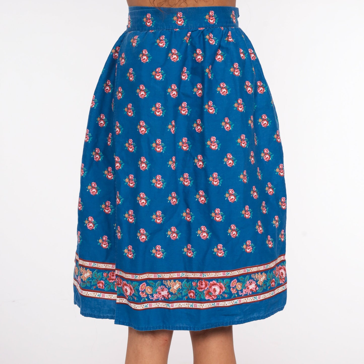 70s Floral Wrap Skirt Midi Blue Print Cotton High Waist Small Medium