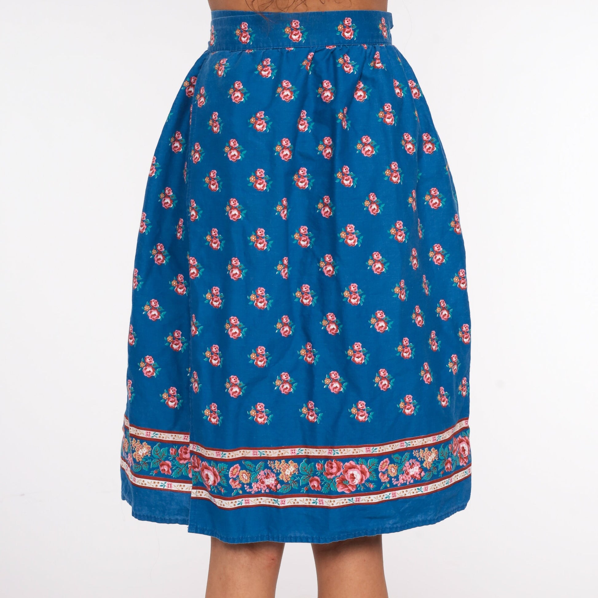 70s Floral Wrap Skirt Midi Blue Print Cotton High Waist Small Medium