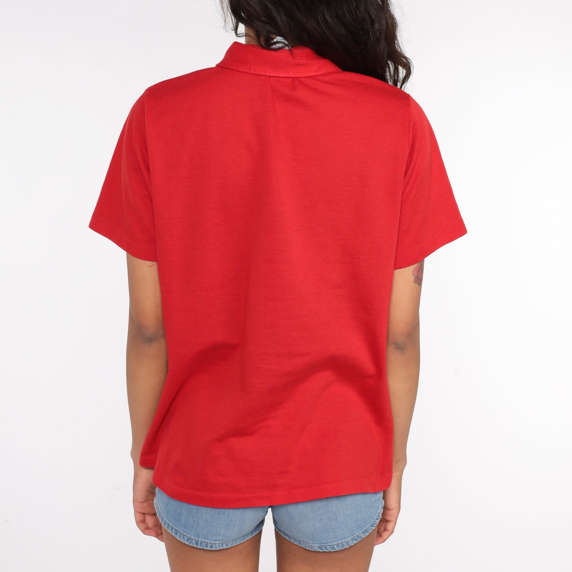 70s Red Polo Shirt Half Button Up Collared Short Sleeve Medium Large
