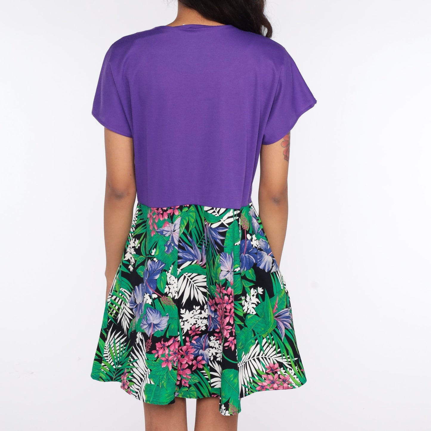 80s Tropical Floral Mini Dress Purple Bodice High Waisted Cap Sleeve Medium