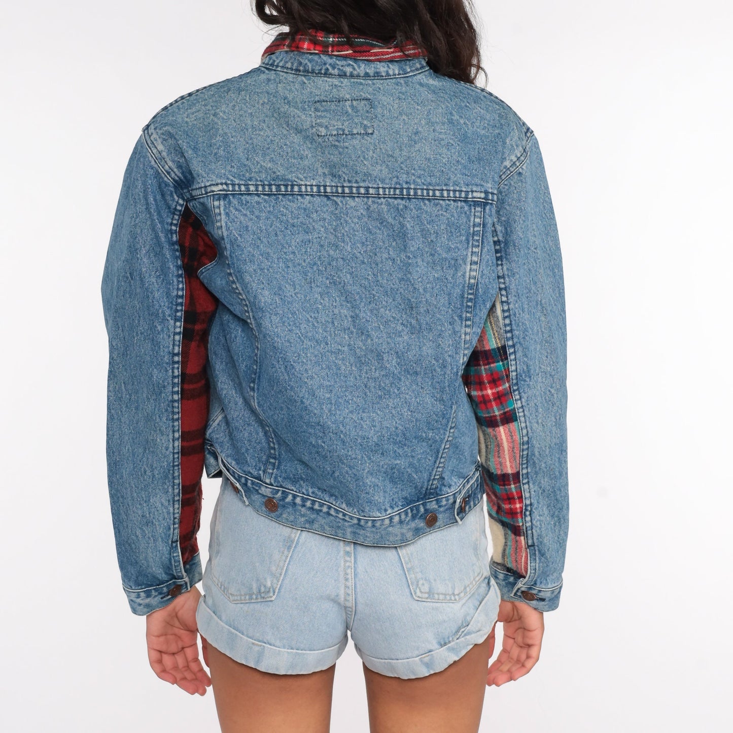 80s Jordache Denim Jacket Patchwork Plaid Blue Jean Coat Medium